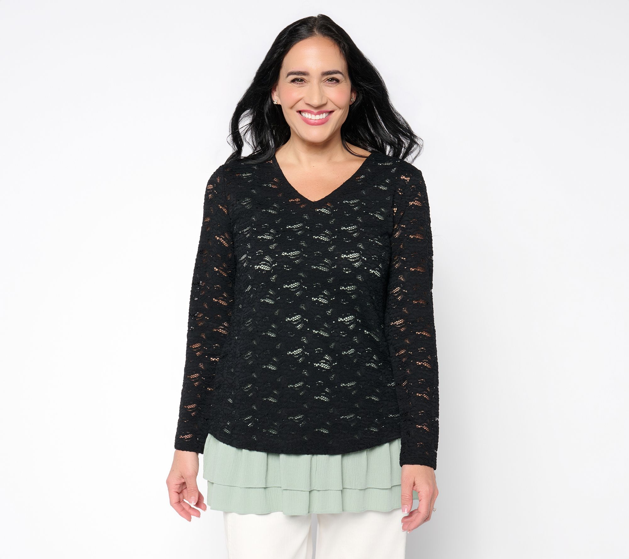 LOGO Layers by Lori Goldstein Long Sleeve Stretch Lace V-Neck Top