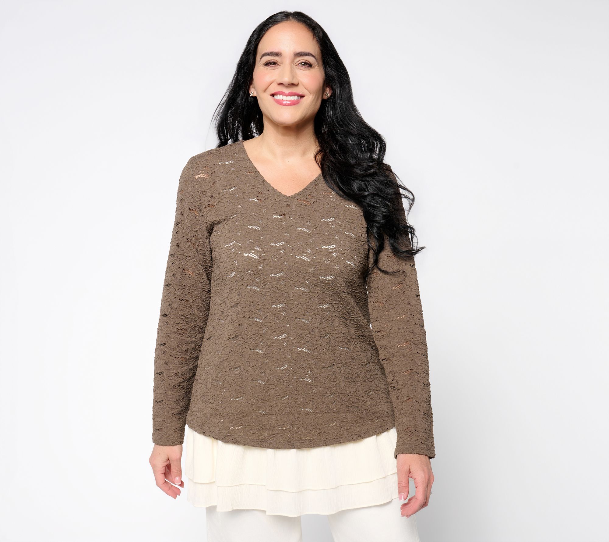 LOGO Layers by Lori Goldstein Long Sleeve Stretch Lace V-Neck Top