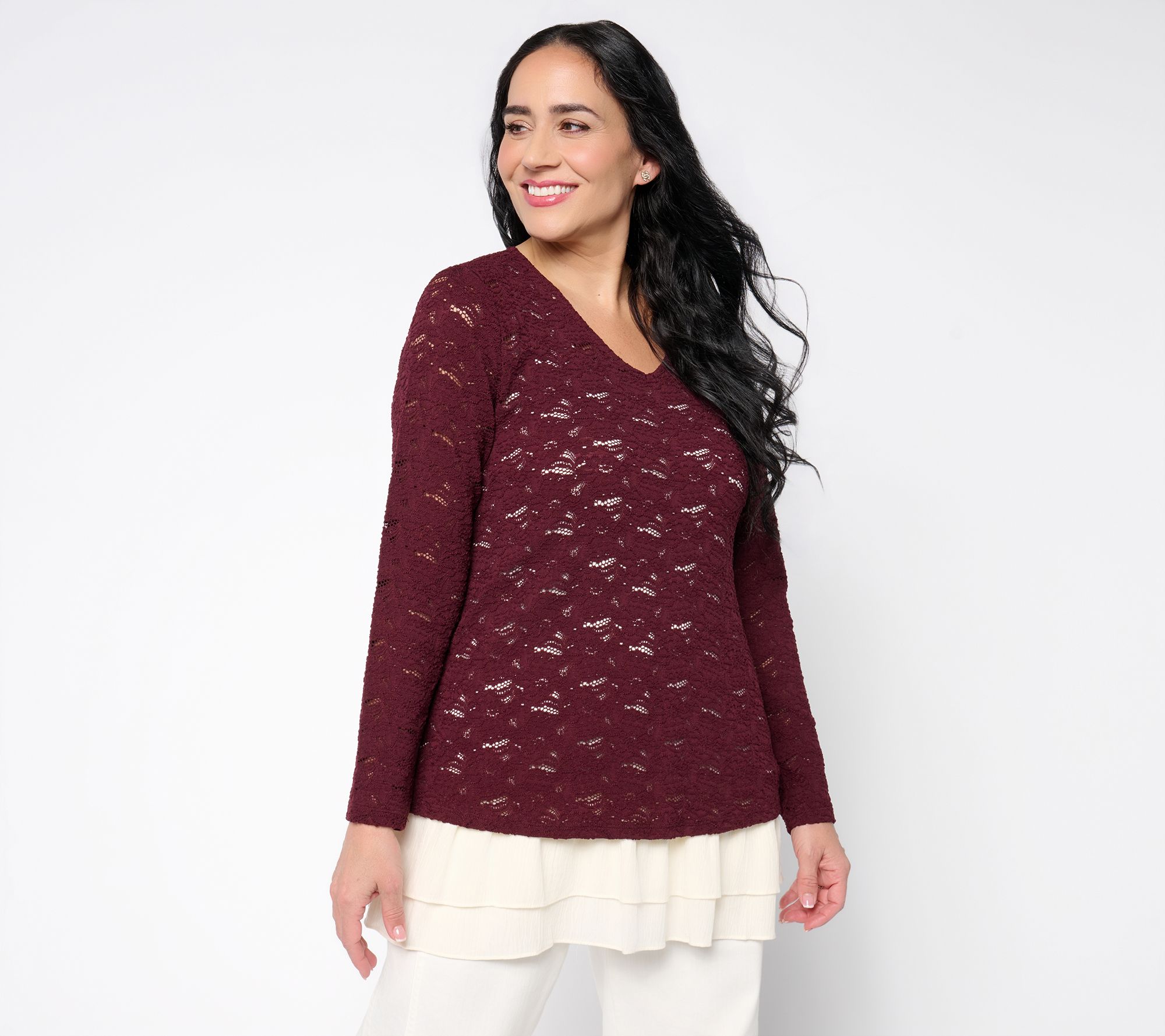 LOGO Layers by Lori Goldstein Long Sleeve Stretch Lace V-Neck Top