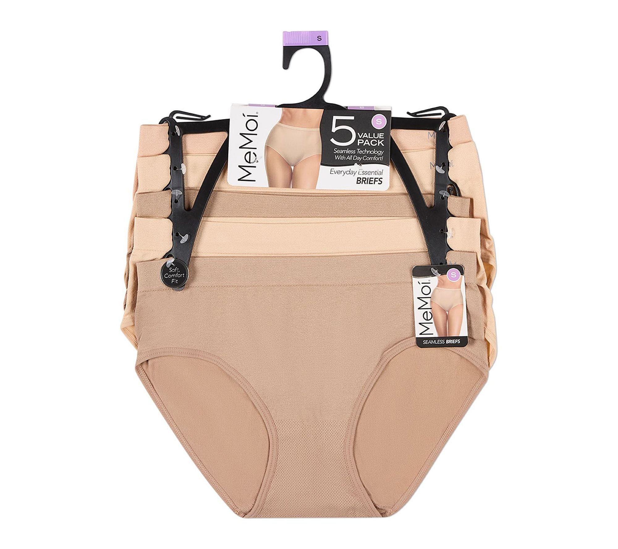 Memoi Women's Set of 5 Seamless Solid-Color Brief Panties