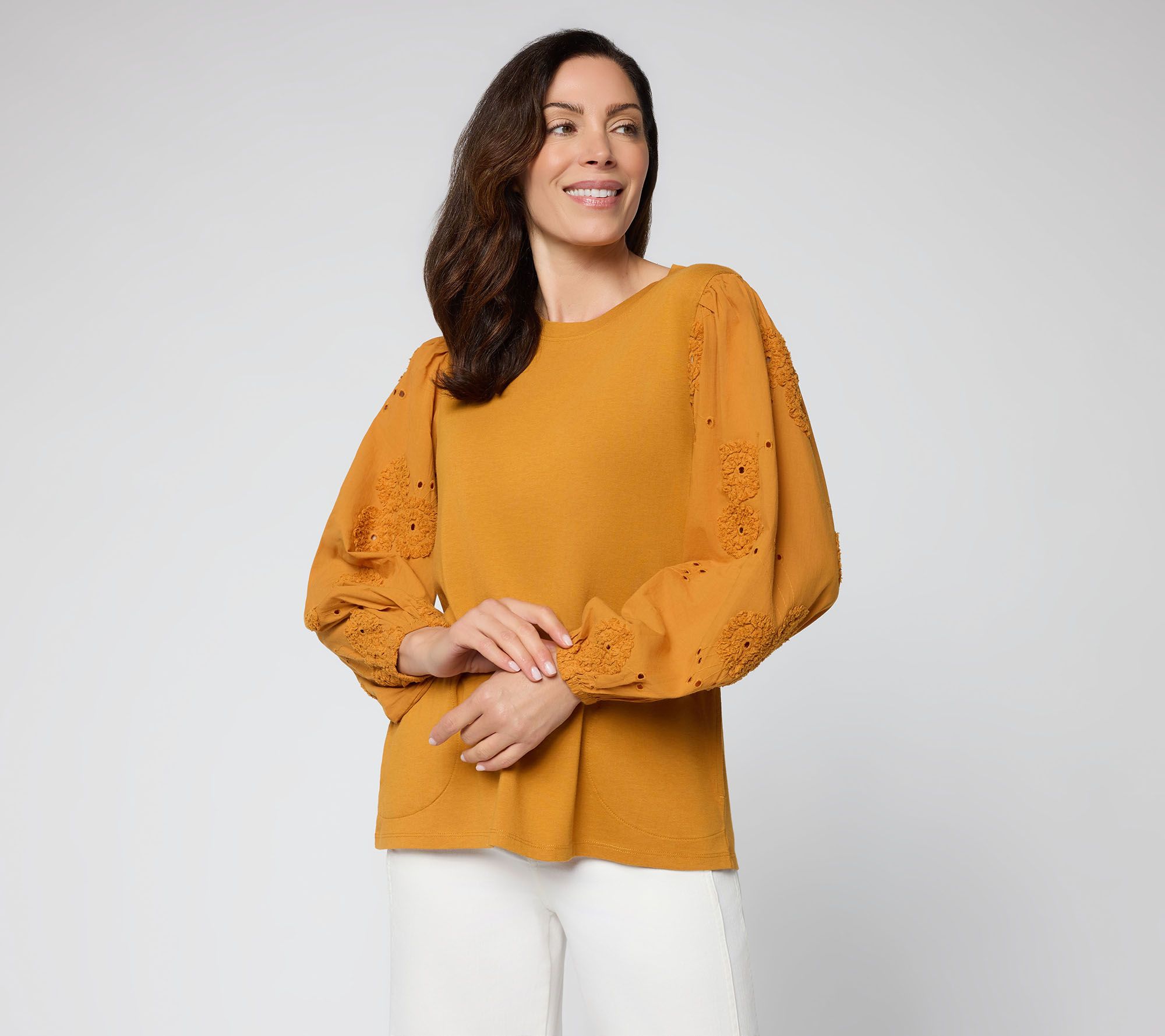 LOGO Lavish by Lori Goldstein Knit Top with Soutache Sleeve