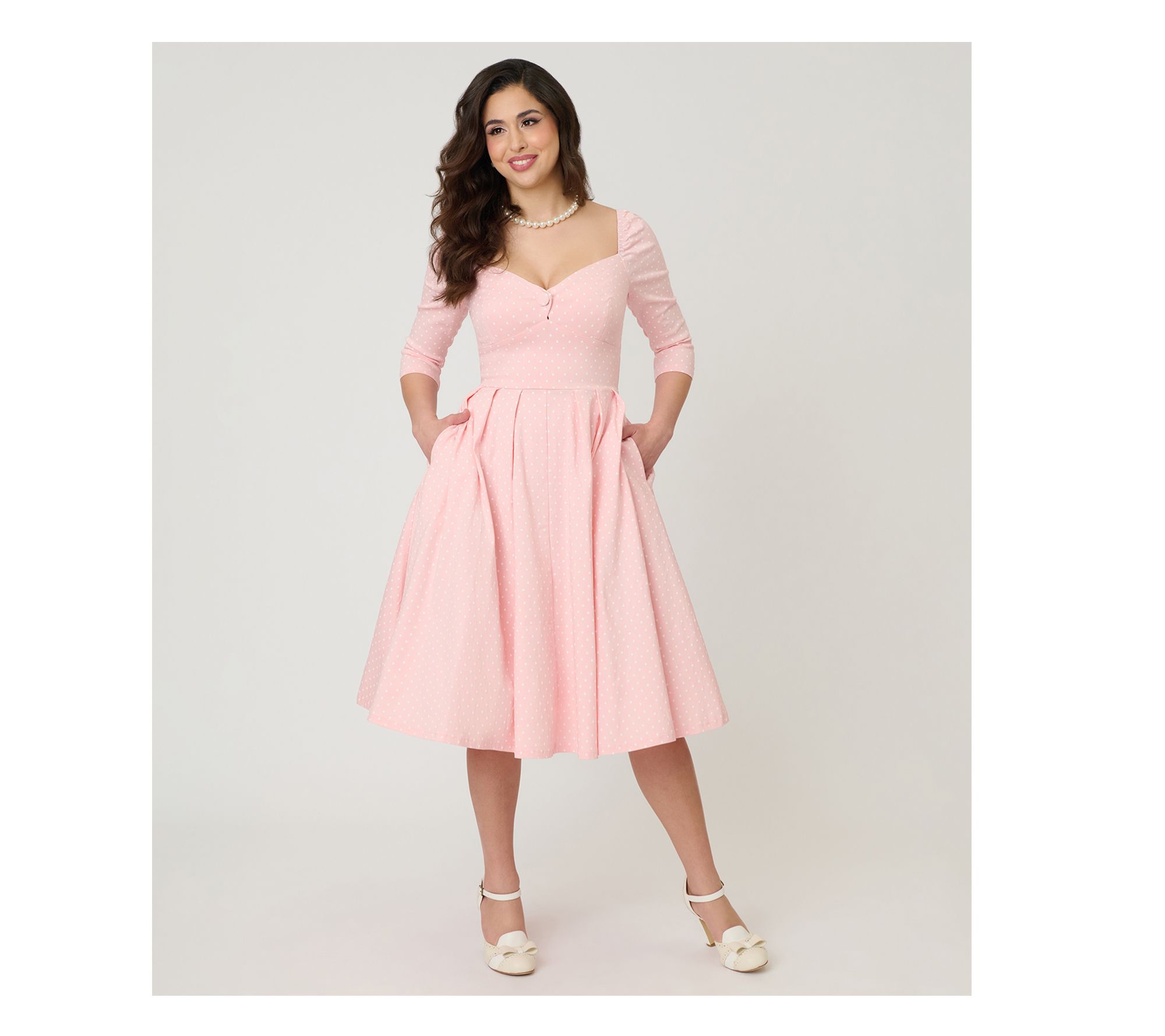 Unique Vintage Light Pink Pin Dot Lamar Swing Dress