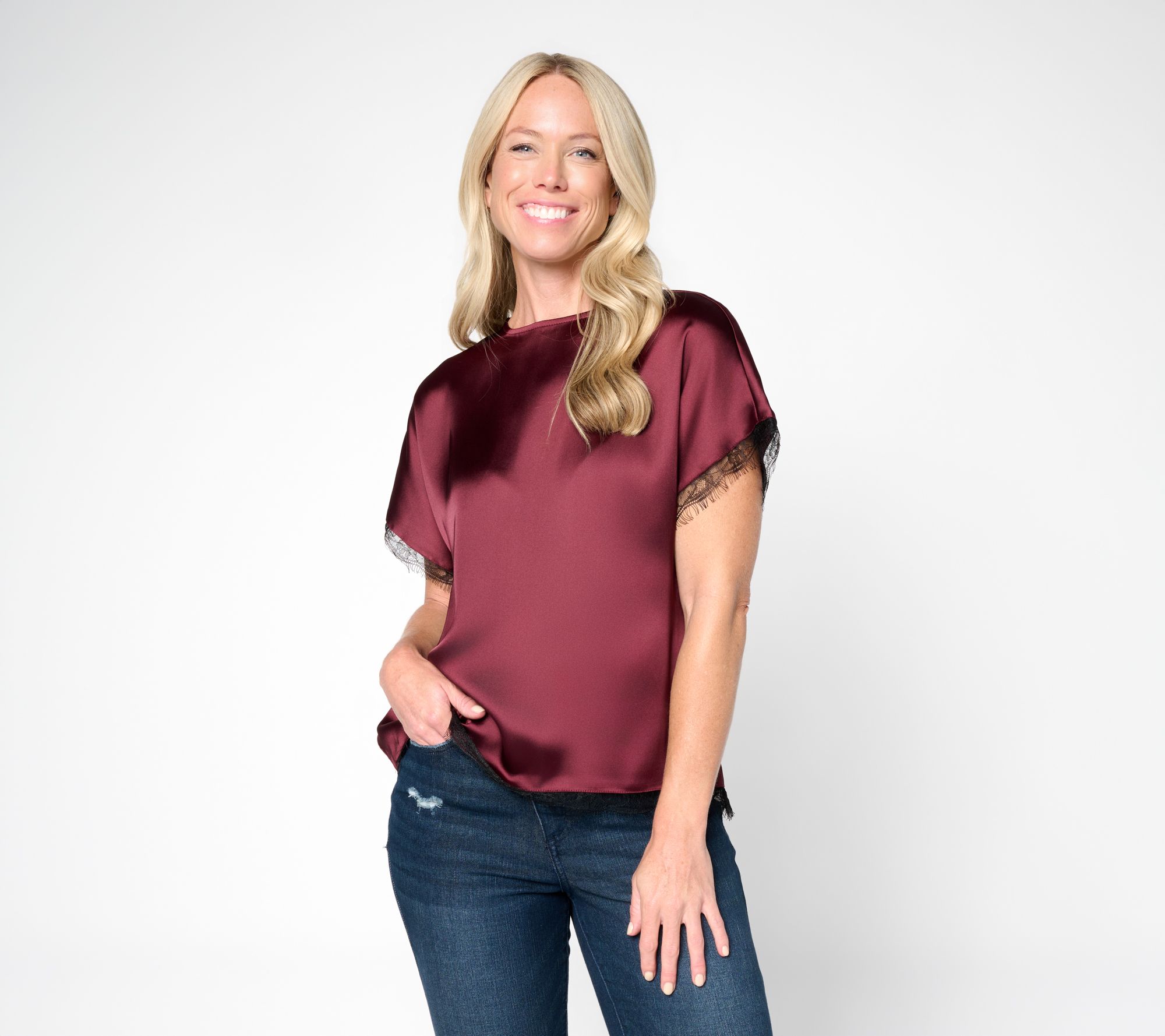 Me by Jennie Garth Short Sleeve Satin Blouse with Lace Trim