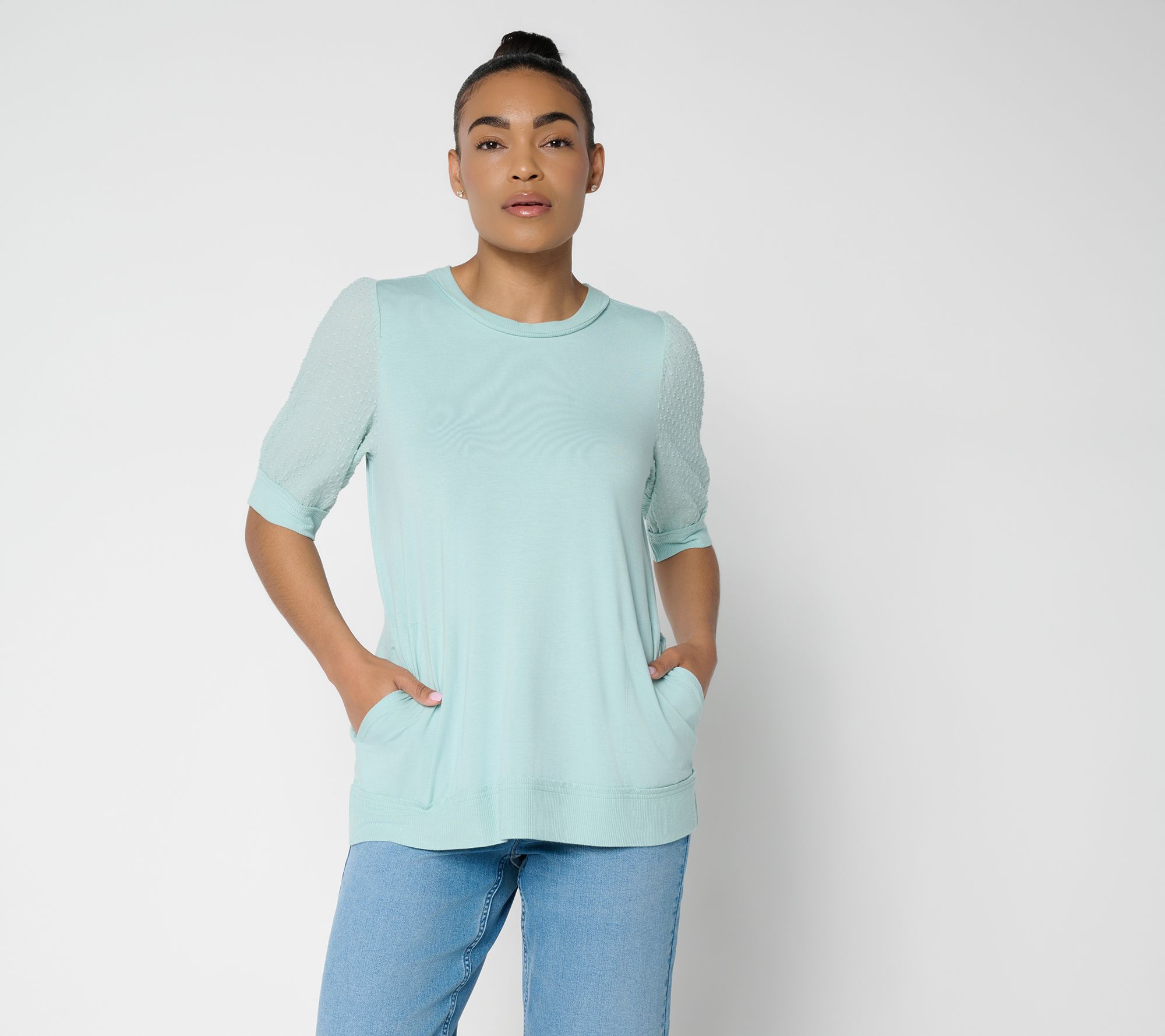 "As Is" LOGO by Lori Goldstein Rayon 230 Elbow Slv Mixed Media Top