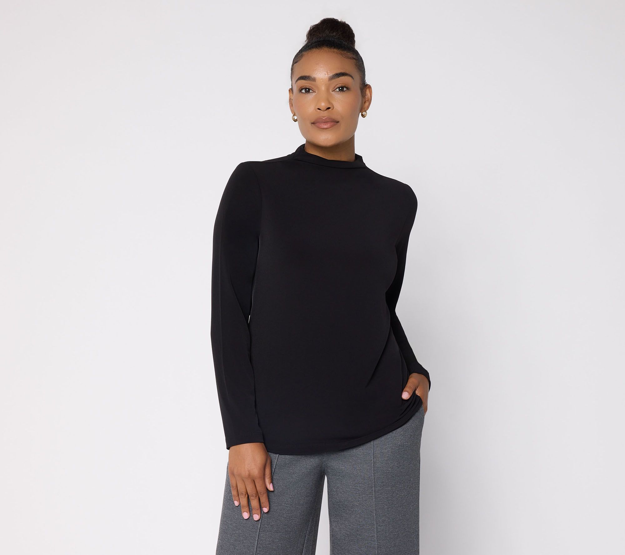 Susan Graver Reg Liquid Knit Draped Mock Neck Long Sleeve Top