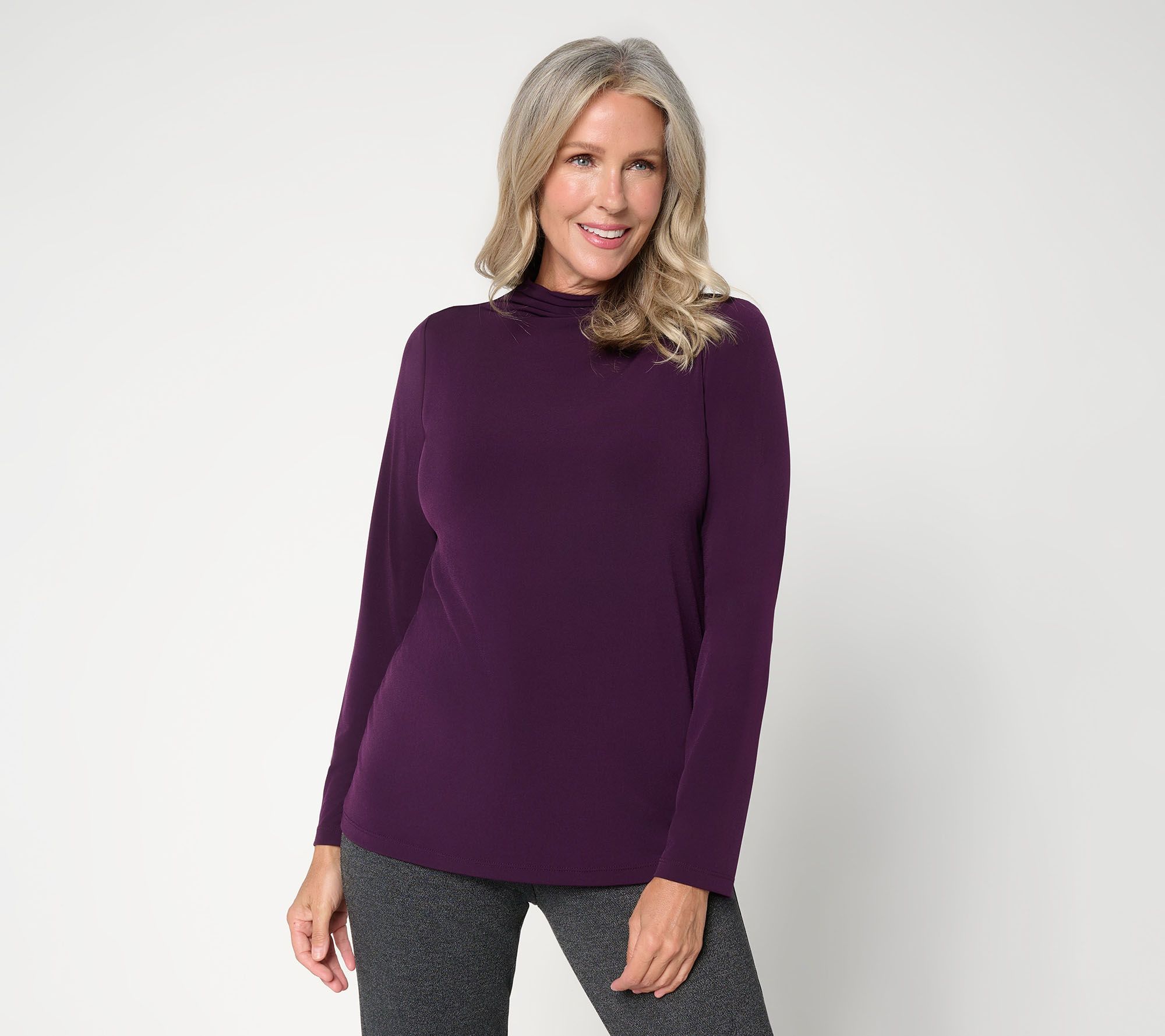 Susan Graver Reg Liquid Knit Draped Mock Neck Long Sleeve Top
