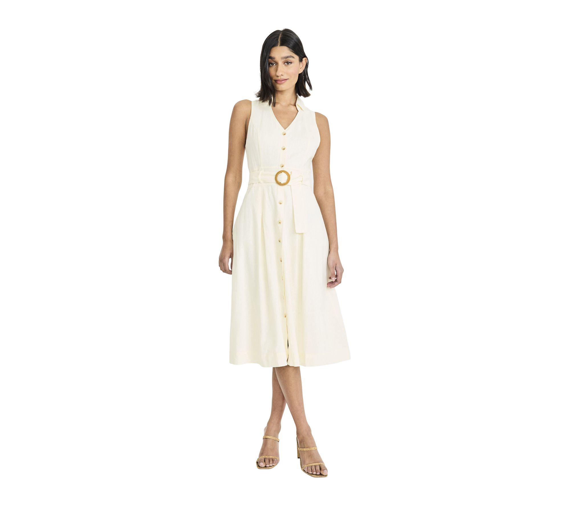 Maggy London Collared V-Neck Belt Detail Midi Dress