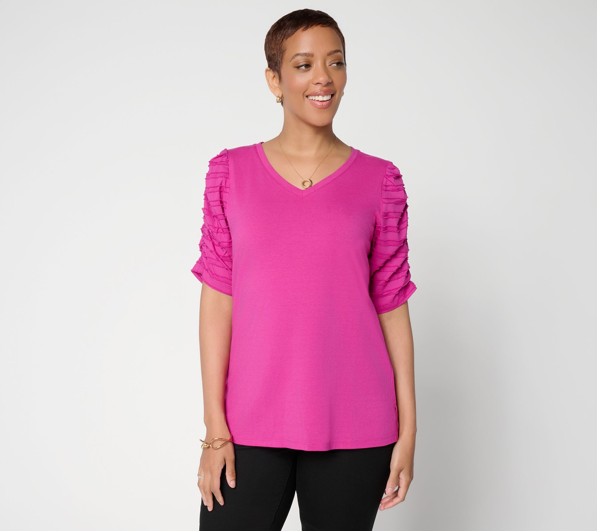 "As Is" Belle by Kim Gravel TripleLuxe Knit Ruched Sleeve V-Neck Top