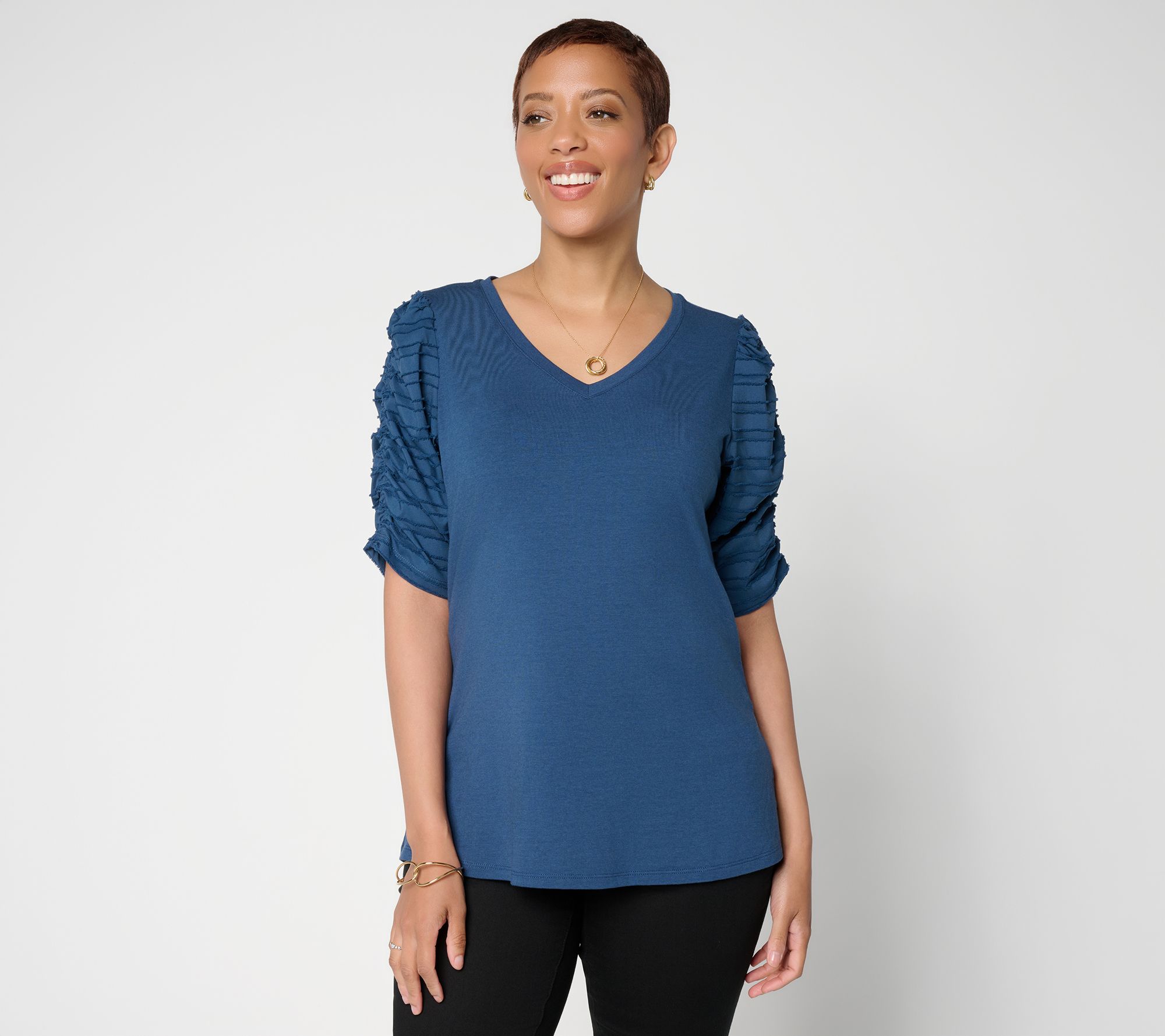 "As Is" Belle by Kim Gravel TripleLuxe Knit Ruched Sleeve V-Neck Top