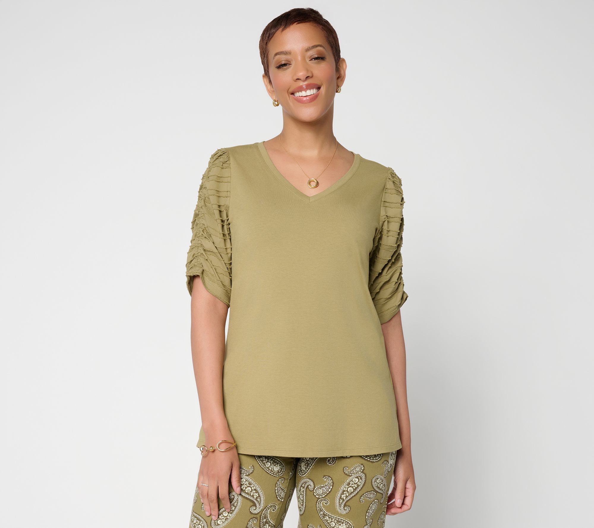 "As Is" Belle by Kim Gravel TripleLuxe Knit Ruched Sleeve V-Neck Top