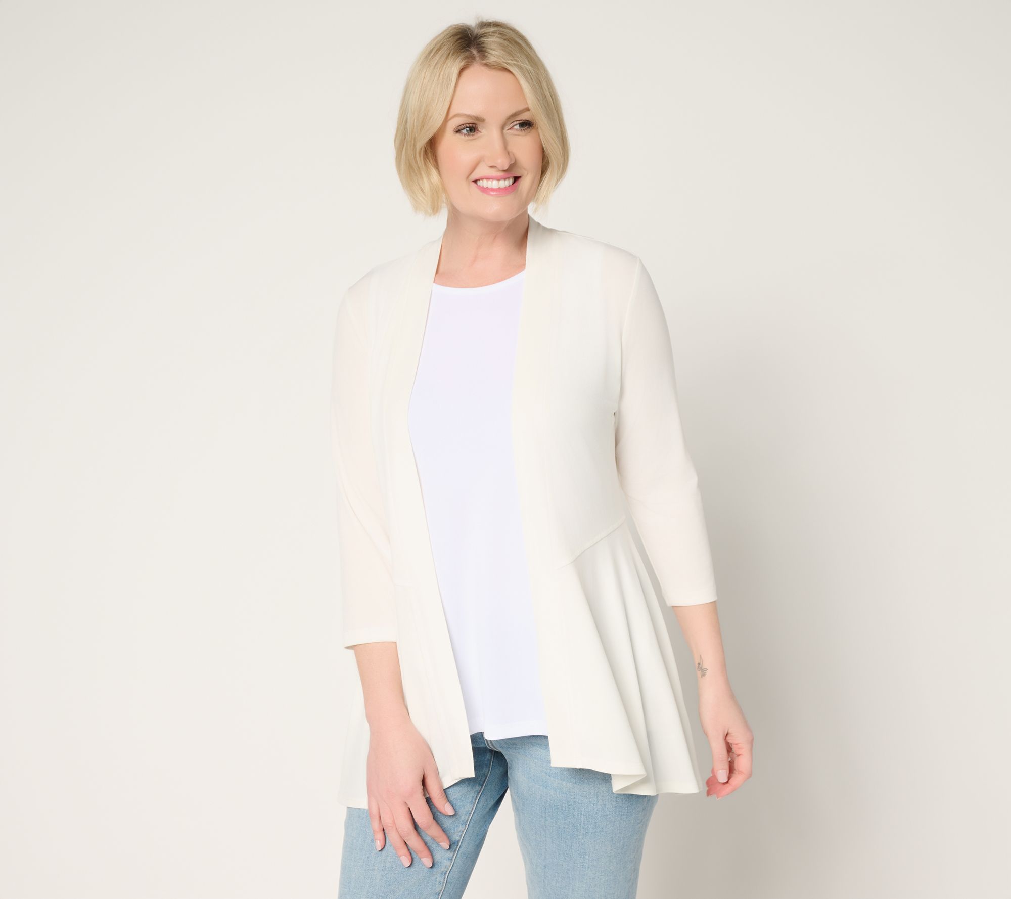 Susan Graver Liquid Knit 3/4 Sleeve Cardigan with Peplum