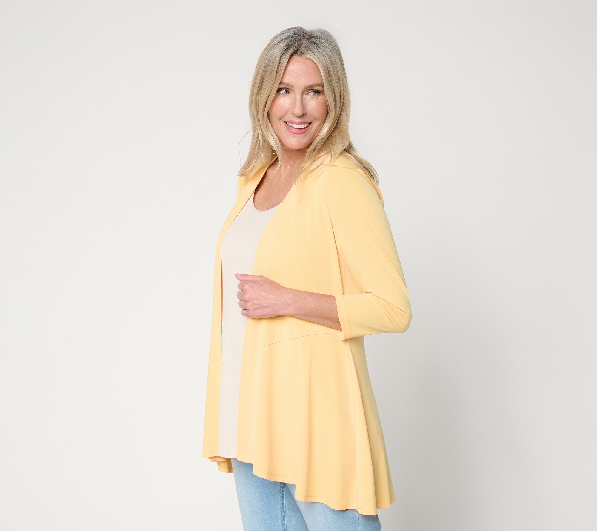 Susan Graver Liquid Knit 3/4 Sleeve Cardigan with Peplum