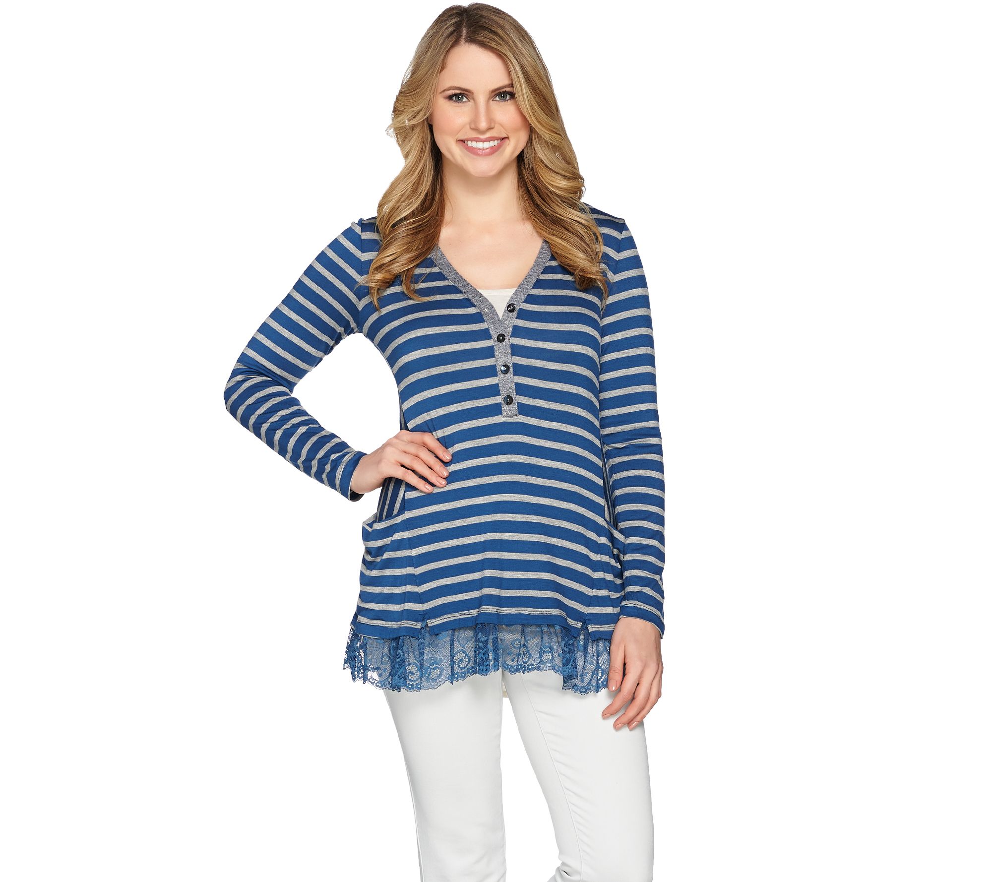 LOGO by Lori Goldstein Striped Rib Knit Henley Top w/ Lace Hem - QVC.com