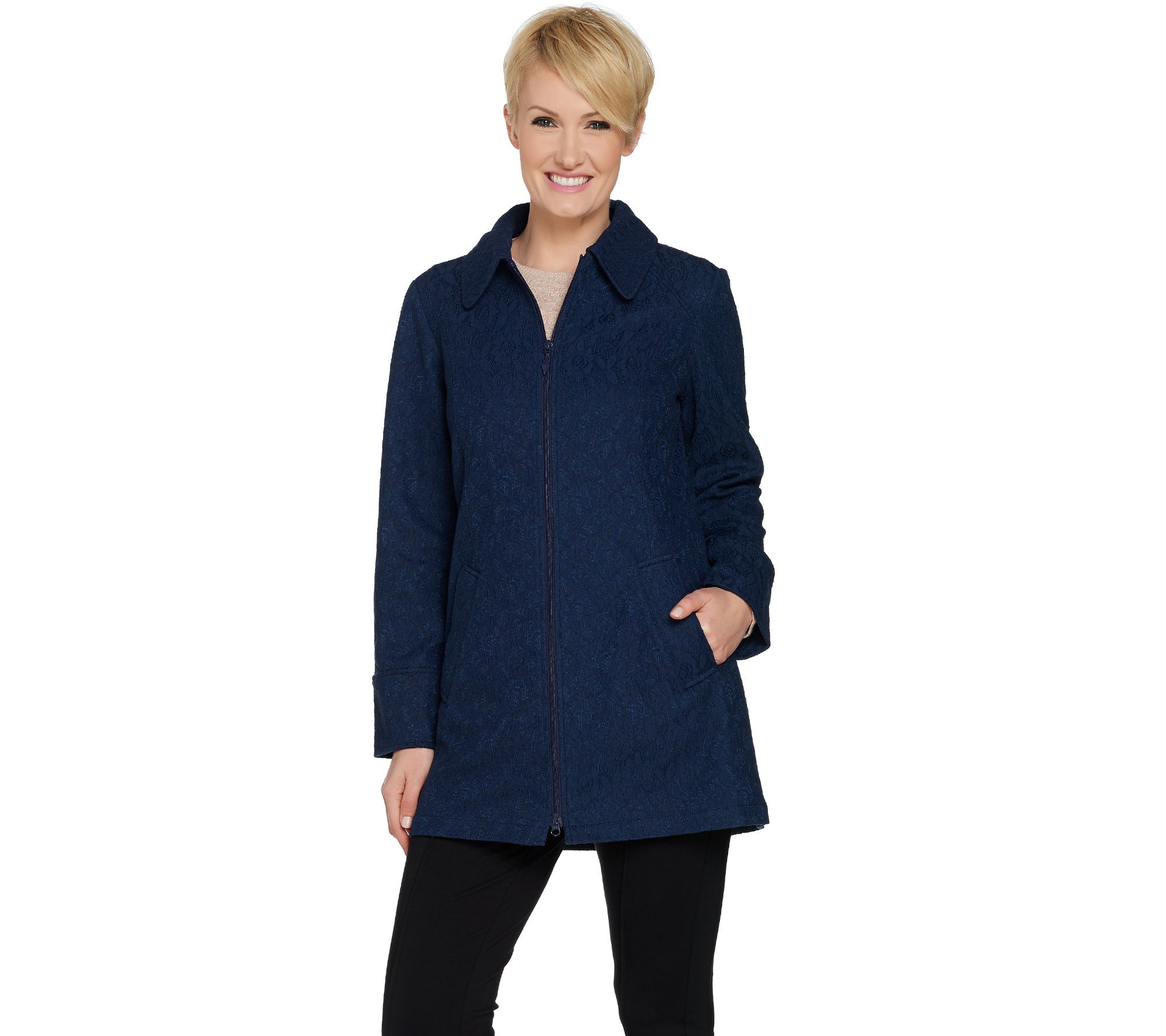 Susan Graver Zip Front Bonded Lace Trench Coat - QVC.com