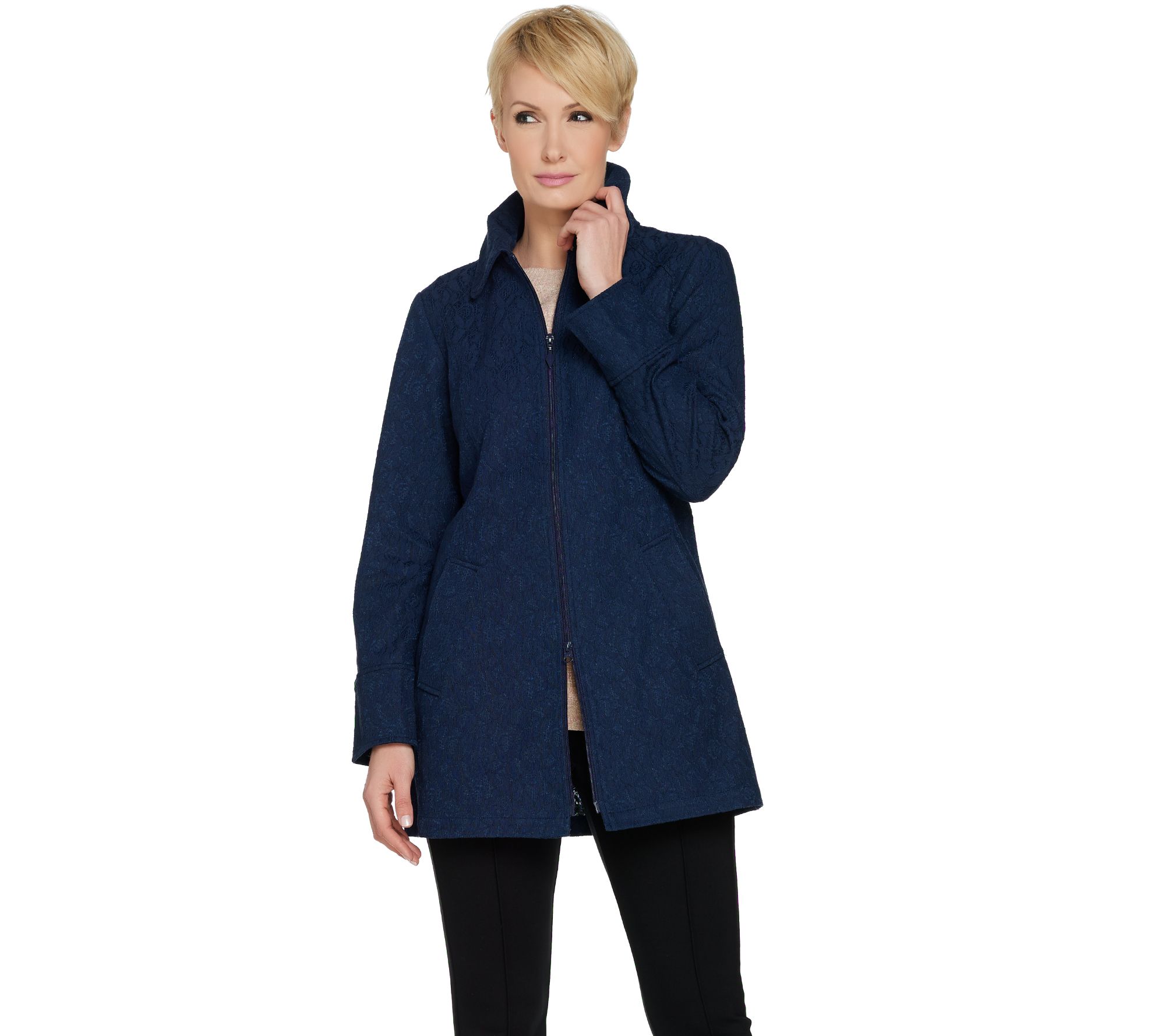Susan Graver Zip Front Bonded Lace Trench Coat - QVC.com