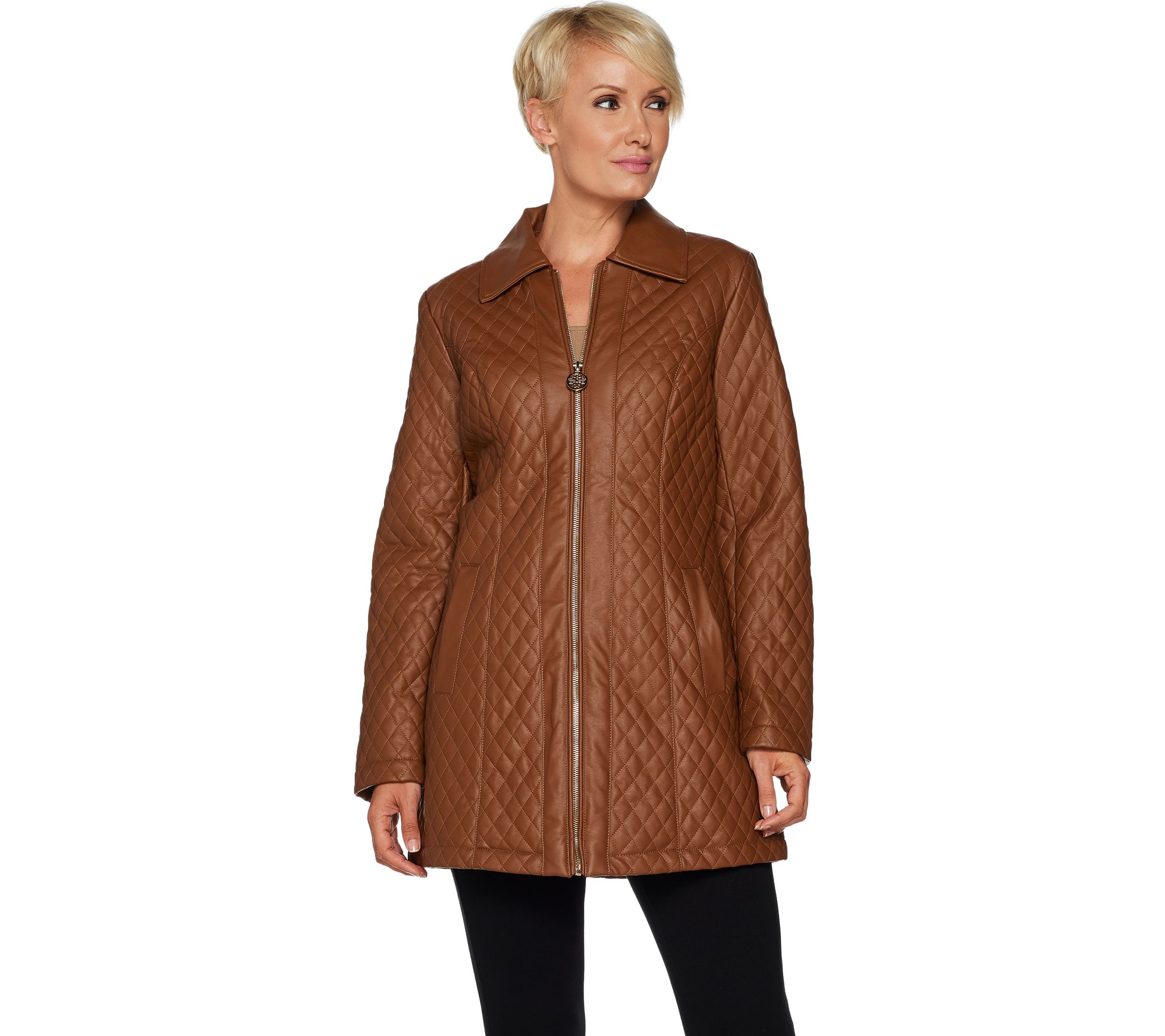 Dennis Basso Diamond Quilted Faux Leather Zip Front Jacket - QVC.com