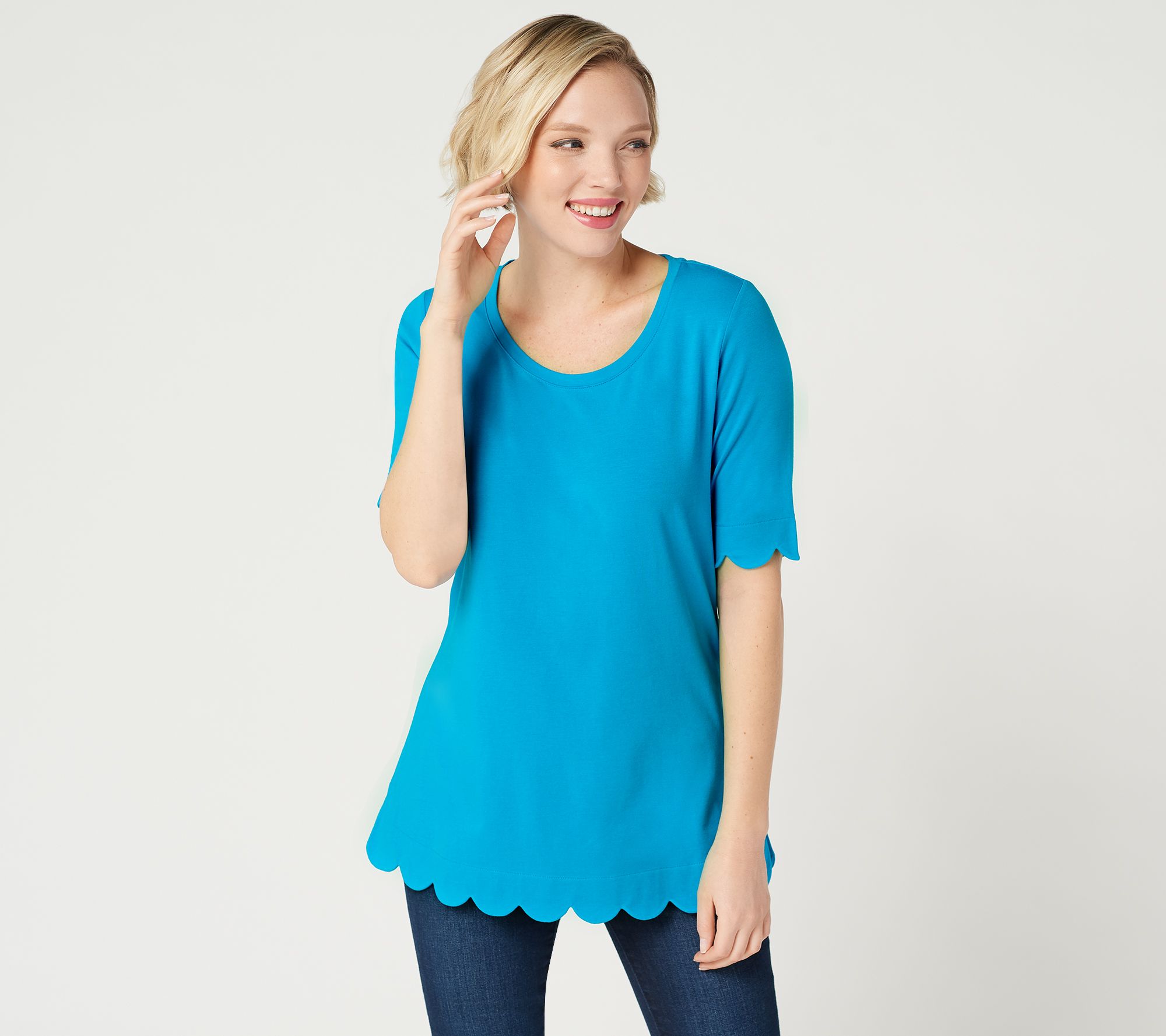 Isaac Mizrahi Live! Elbow Sleeve Scallop Hem Knit Top