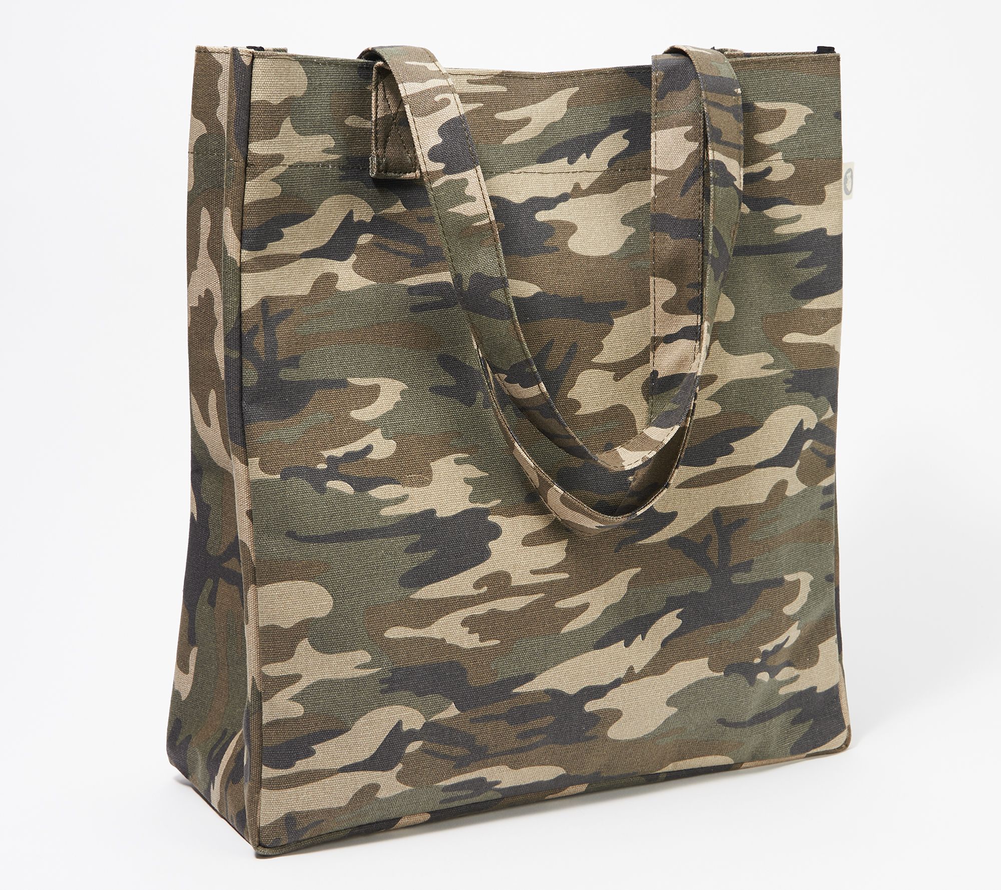 Quilted Koala Camo Printed Canvas Upright Tote with PomPoms