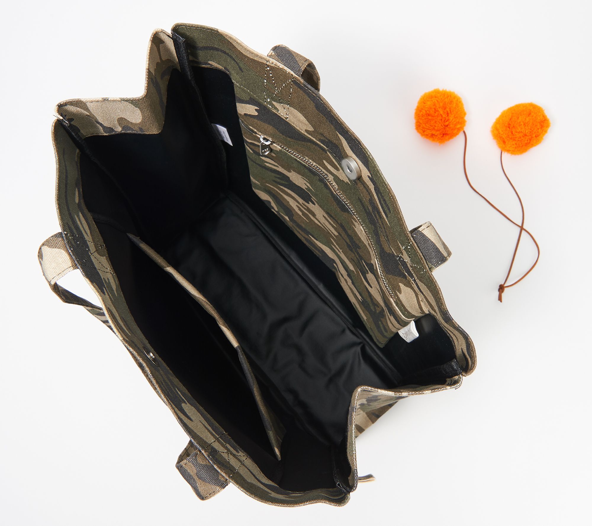 Quilted Koala Camo Printed Canvas Upright Tote with PomPoms