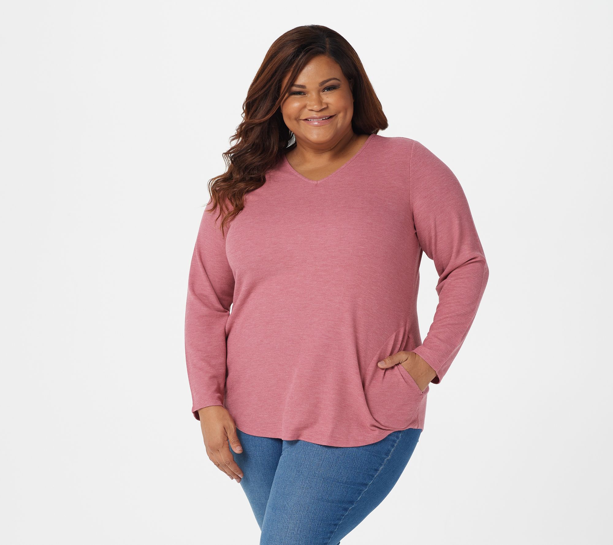 Susan Graver Weekend Petite Waffle Knit V-Neck Tunic with Pockets - QVC.com