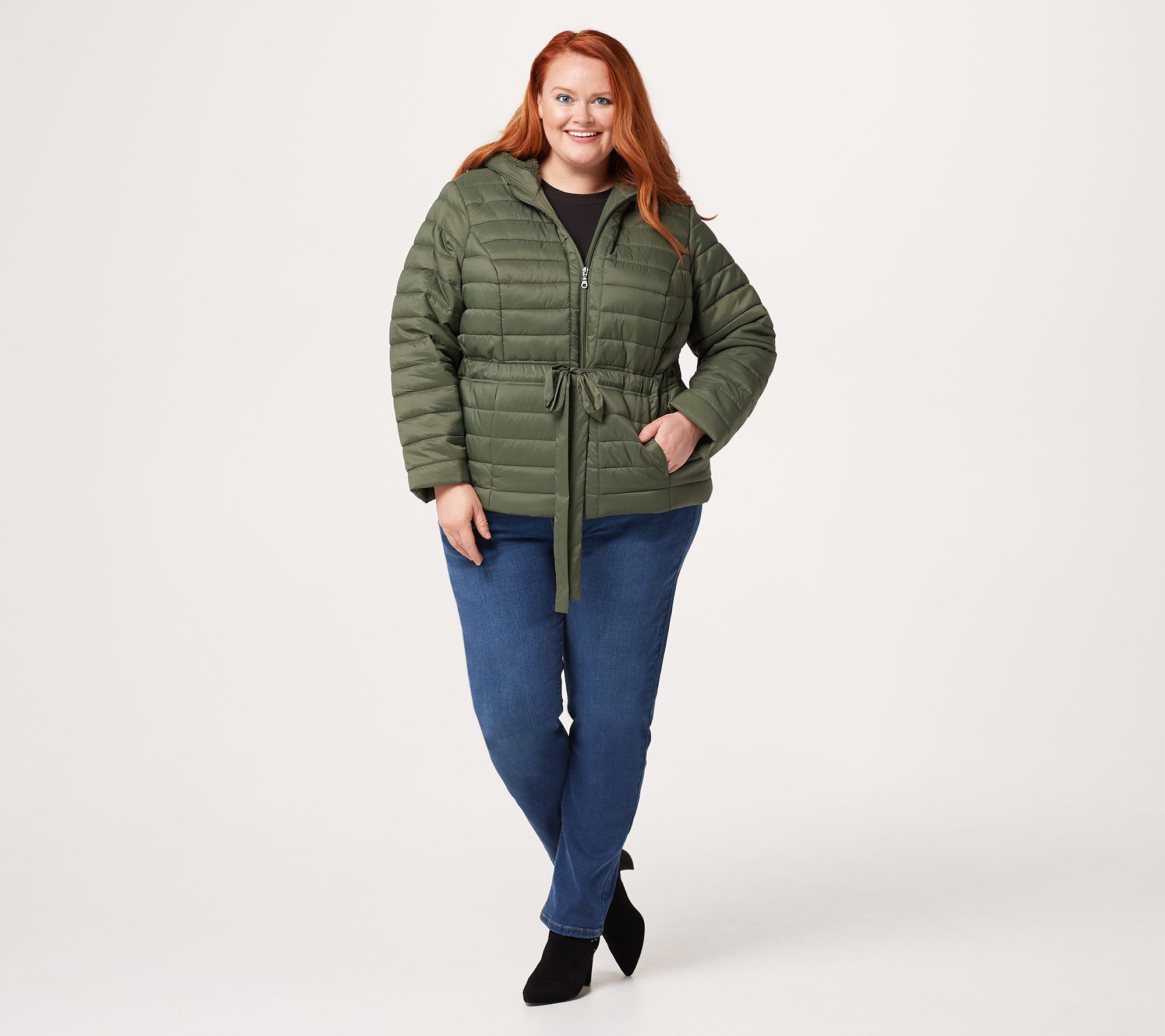 "As Is" Denim & Co. Active Cinched Waist Puffer Jacket w/ Lined Hood