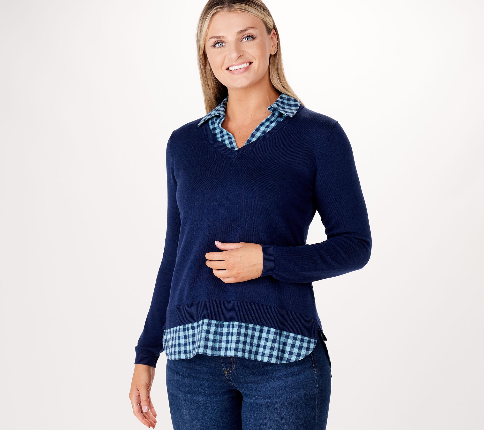 Joan Rivers V-Neck Sweater with Check Flannel Detail