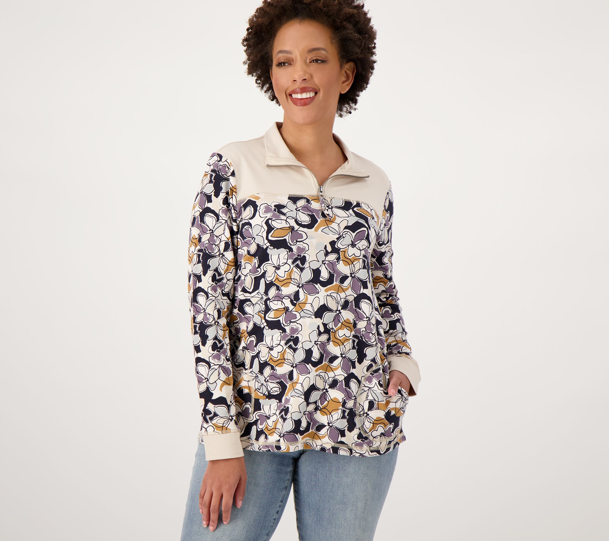 LOGO Lounge by Lori Goldstein Solid & Floral Print Pullover