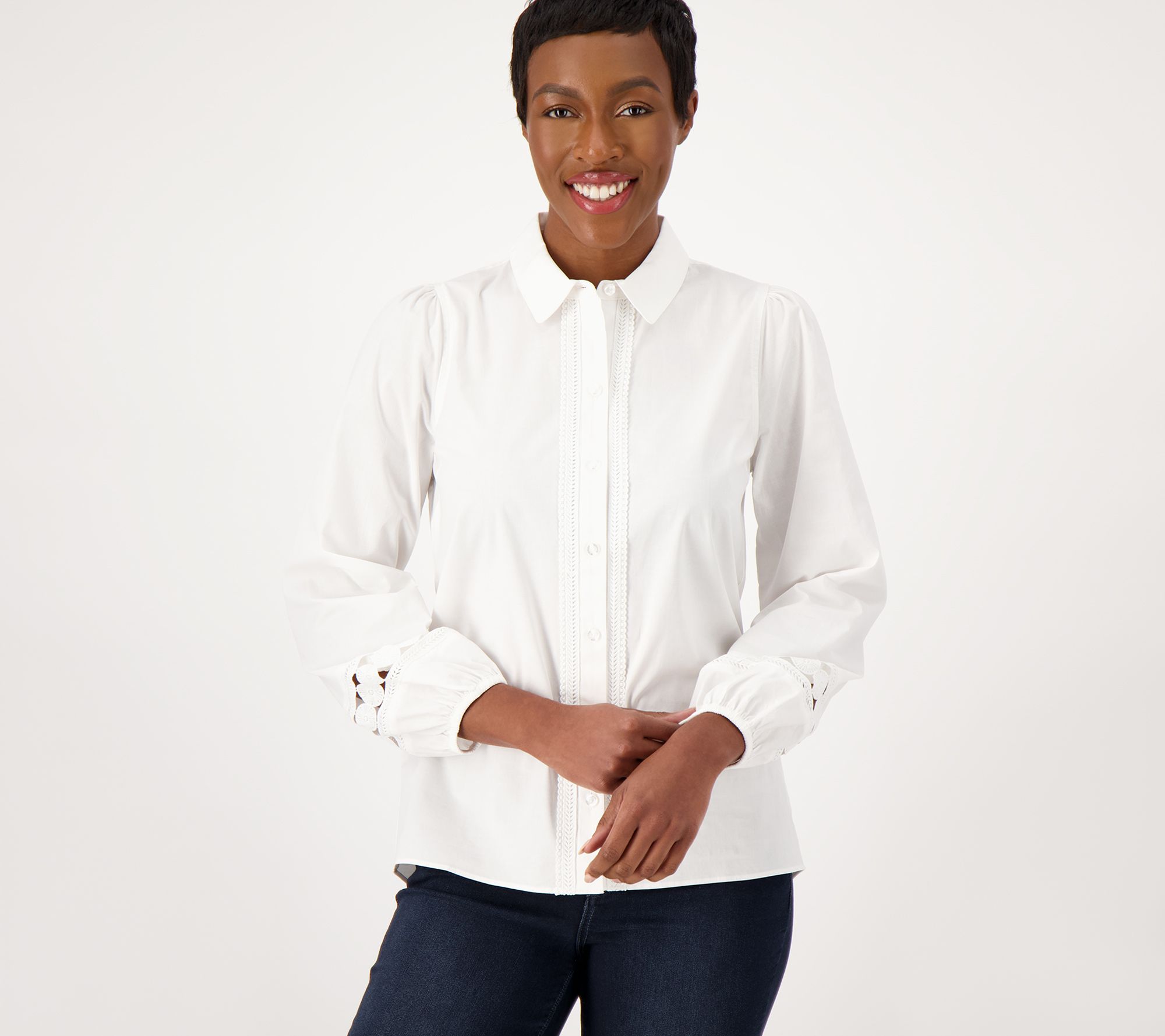 "As Is" Isaac Mizrahi Live Petite Stretch Poplin Tunic w/ Lace Trim