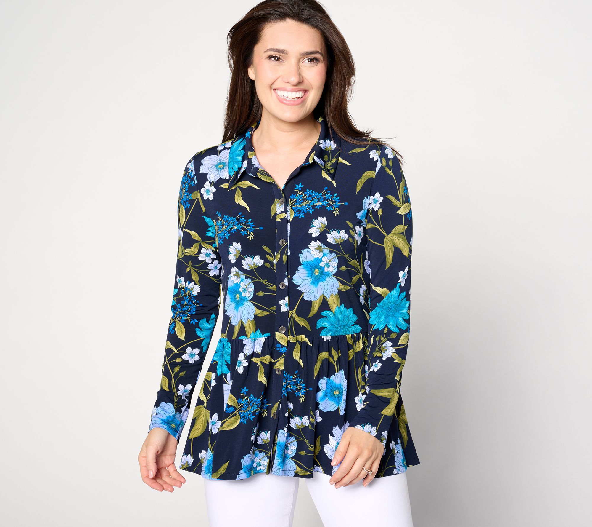 Susan Graver Regular Printed Liquid Knit Romantic Peplum Cardigan