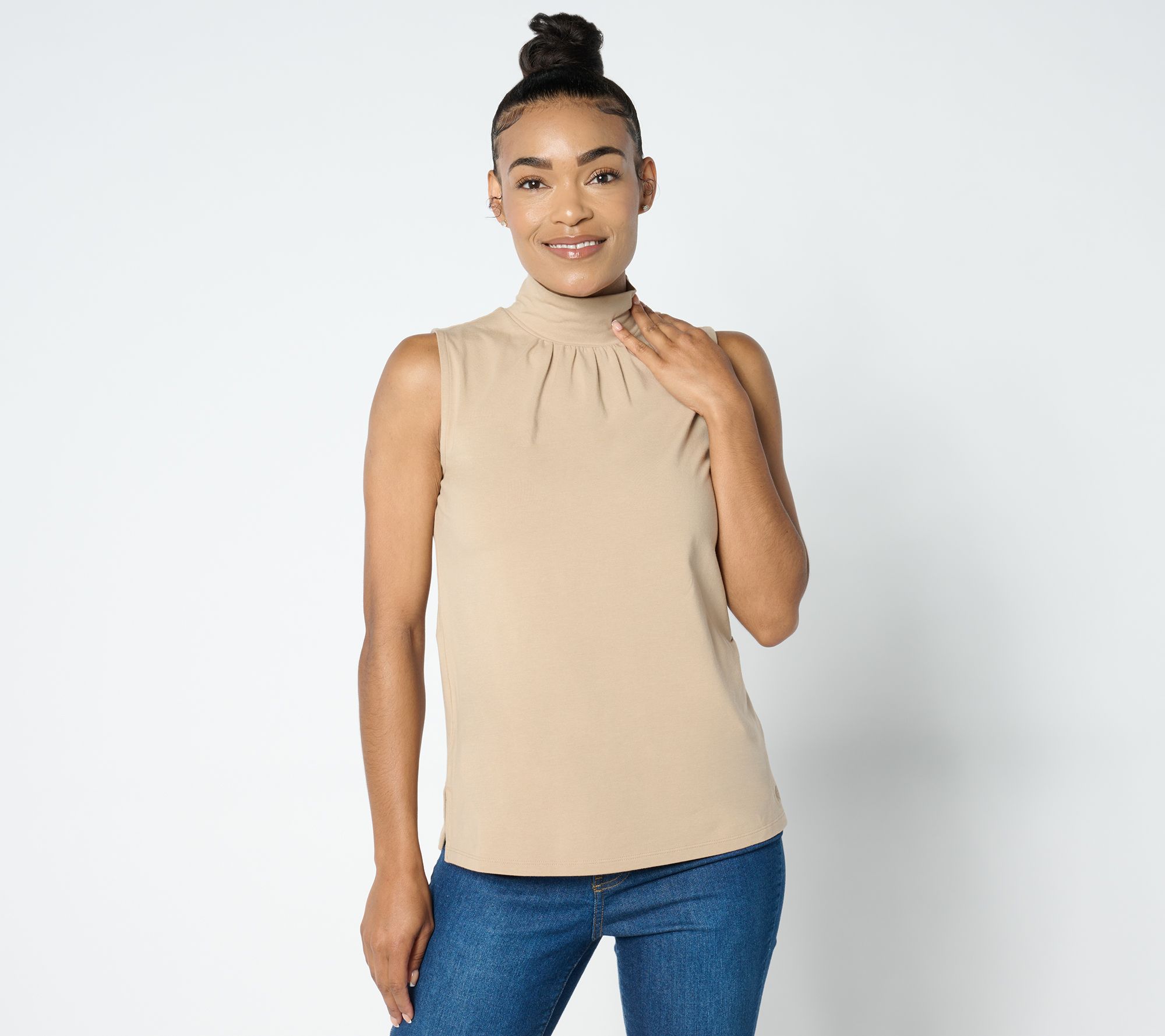 Isaac Mizrahi Live! Essentials Mock Neck Sleeveless Top w/ Shirring