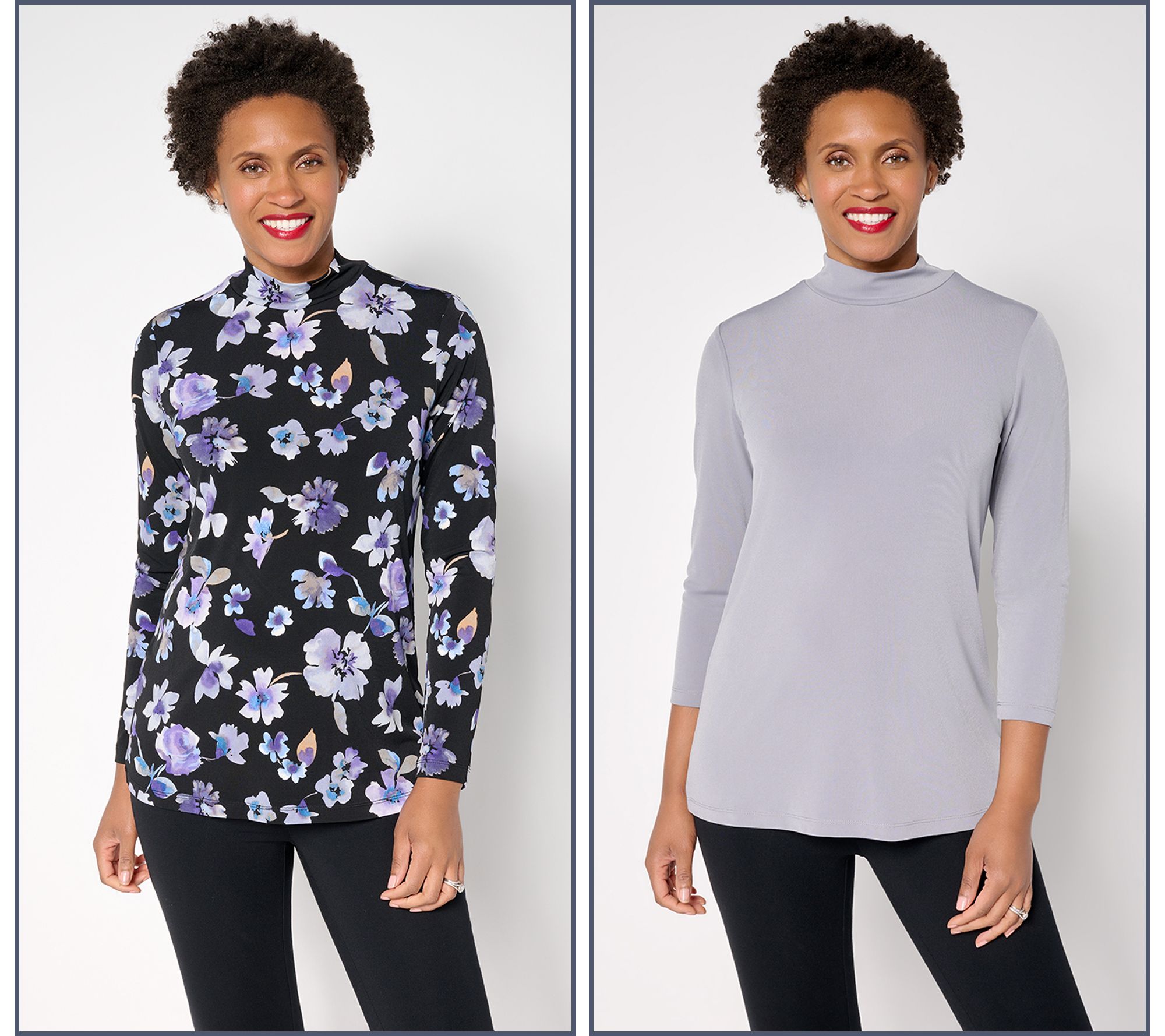 Susan Graver Set of 2 Print & Solid Liquid Knit Mock Neck Tops