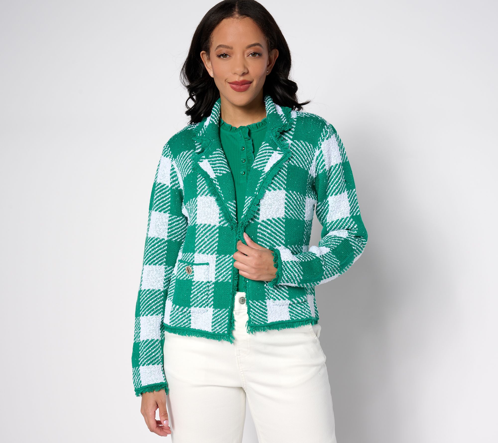 "As Is" Isaac Mizrahi Live! Gingham Sweater Cardigan with Patch Pockets