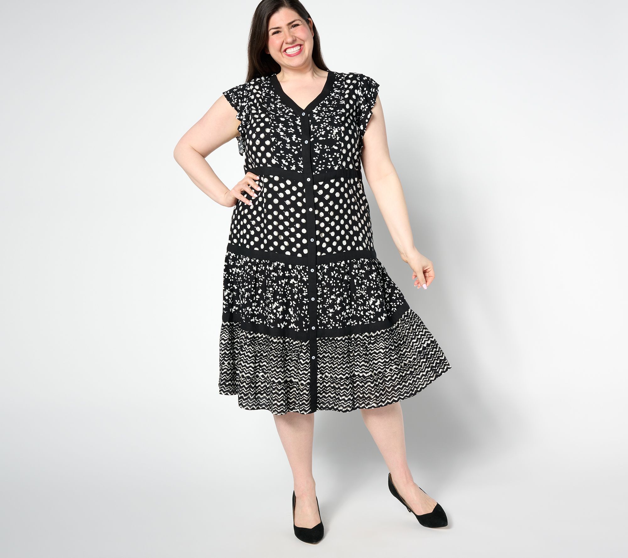 "As Is" Dennis Basso Mixed Print Rayon Tiered Dress