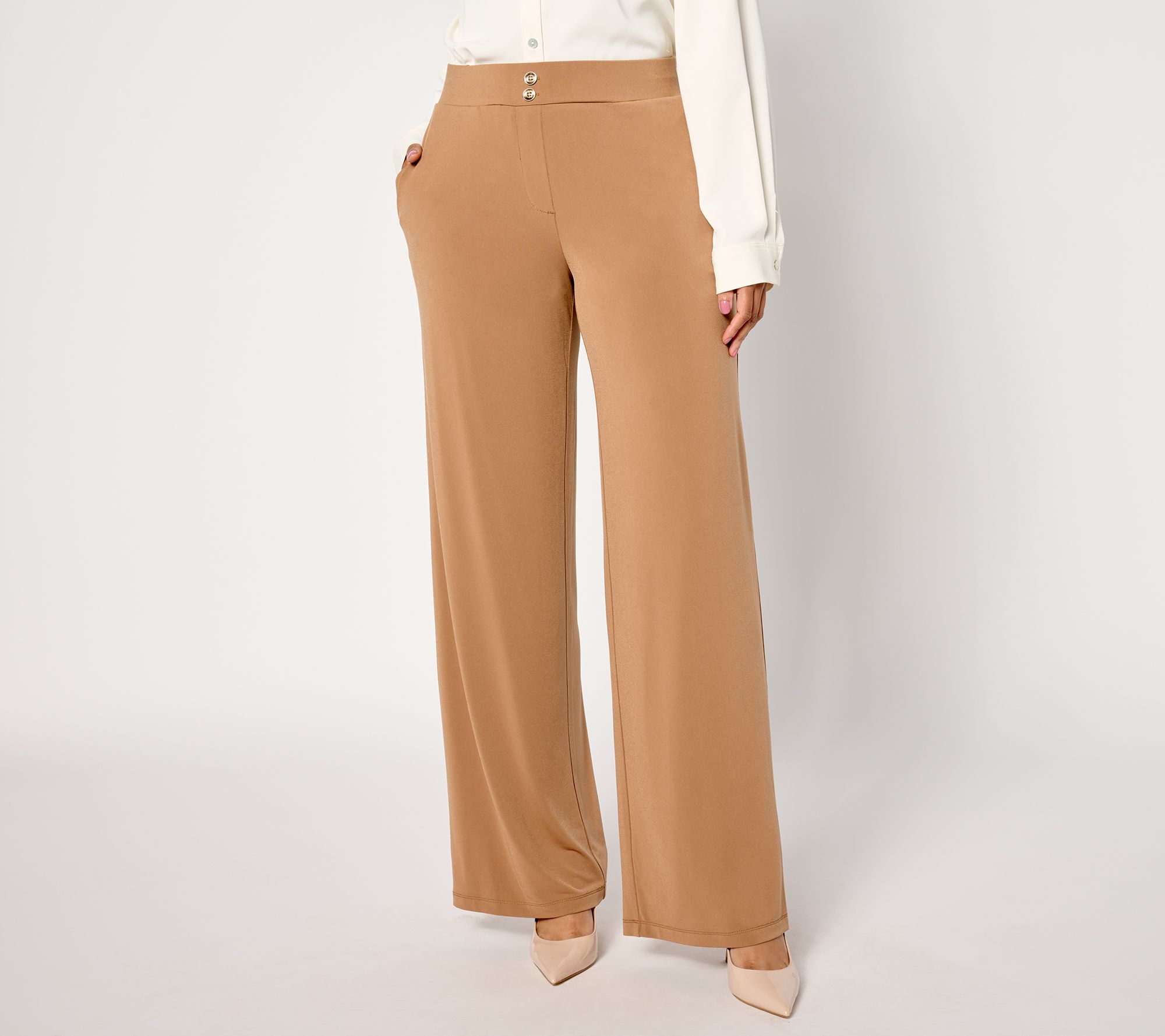 Susan Graver Regular Liquid Knit Wide-Leg Pants w/ Button Detail