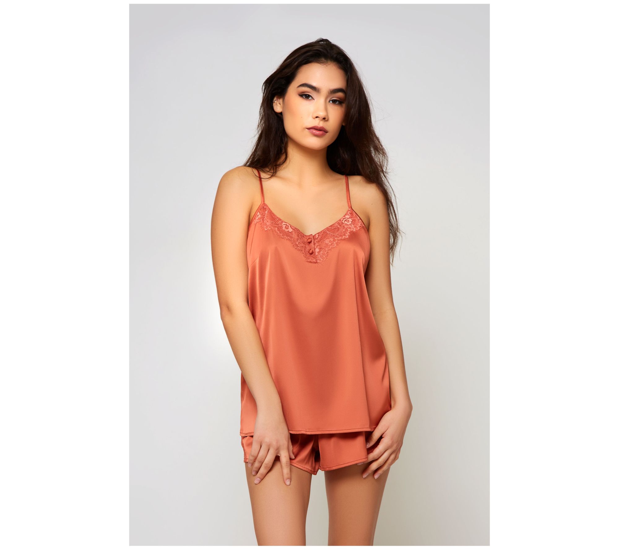 iCollection Satin Cami & Short Lounge Set withace Detail