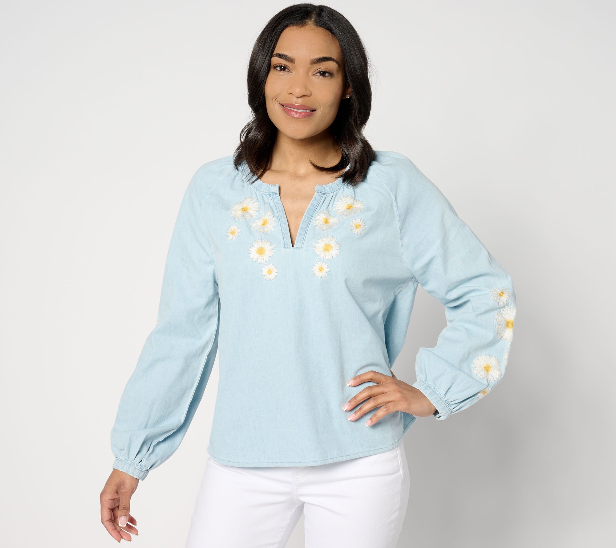 "As Is" Driftwood Jeans Chambray Embroidered Blouse