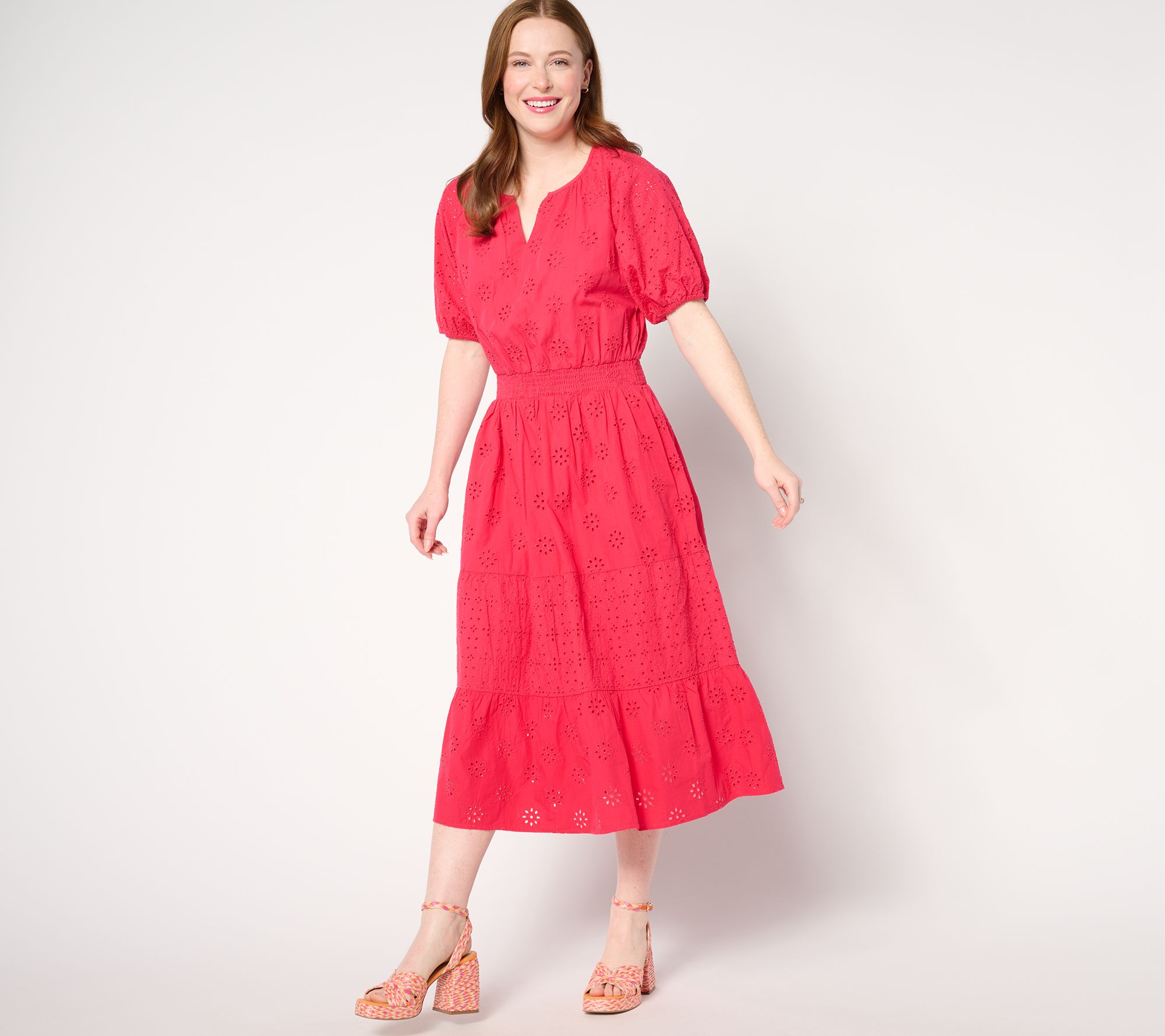 "As Is" Isaac Mizrahi Live! Regular Cotton Eyelet Tiered Midi Dress