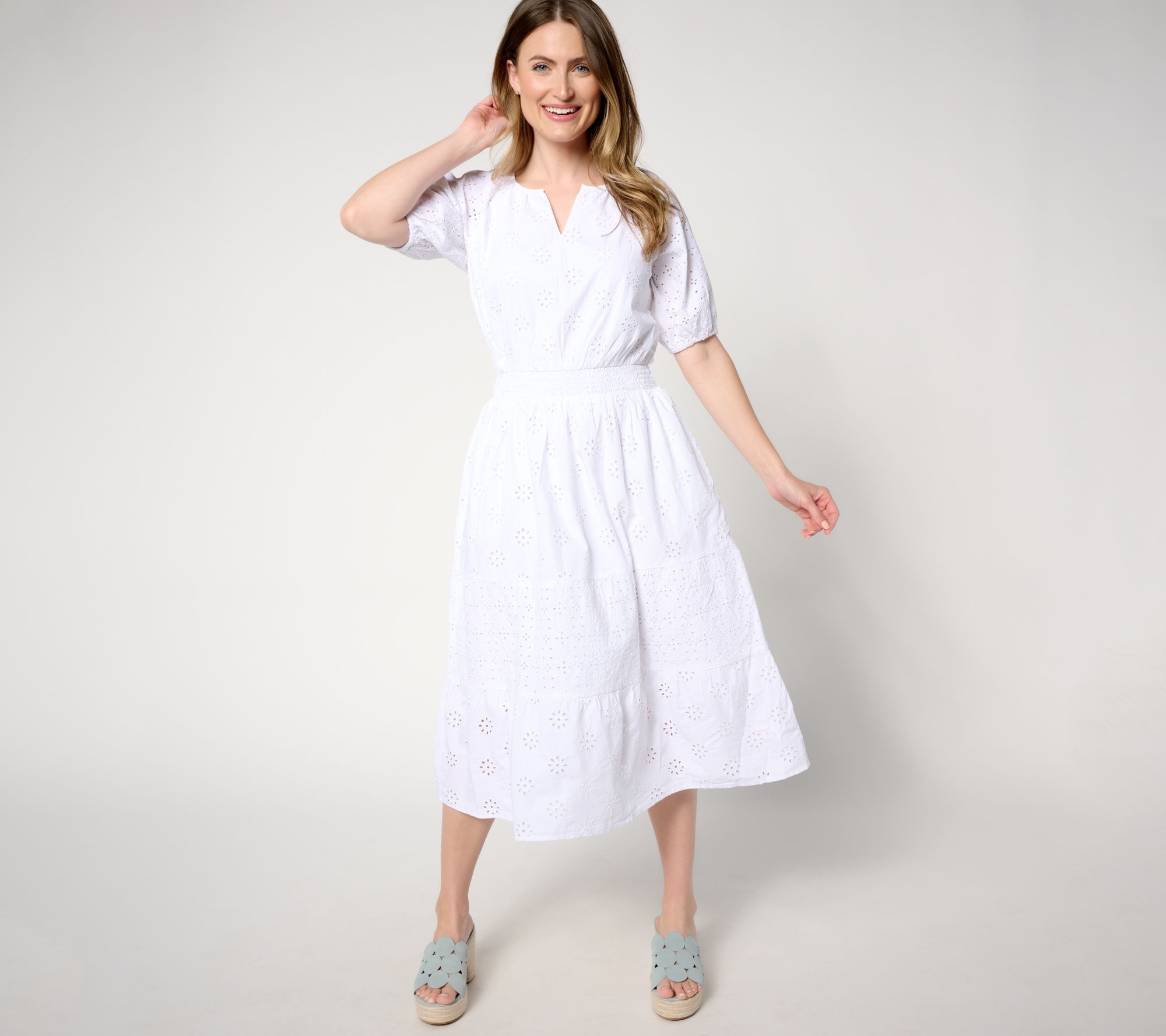 "As Is" Isaac Mizrahi Live! Regular Cotton Eyelet Tiered Midi Dress