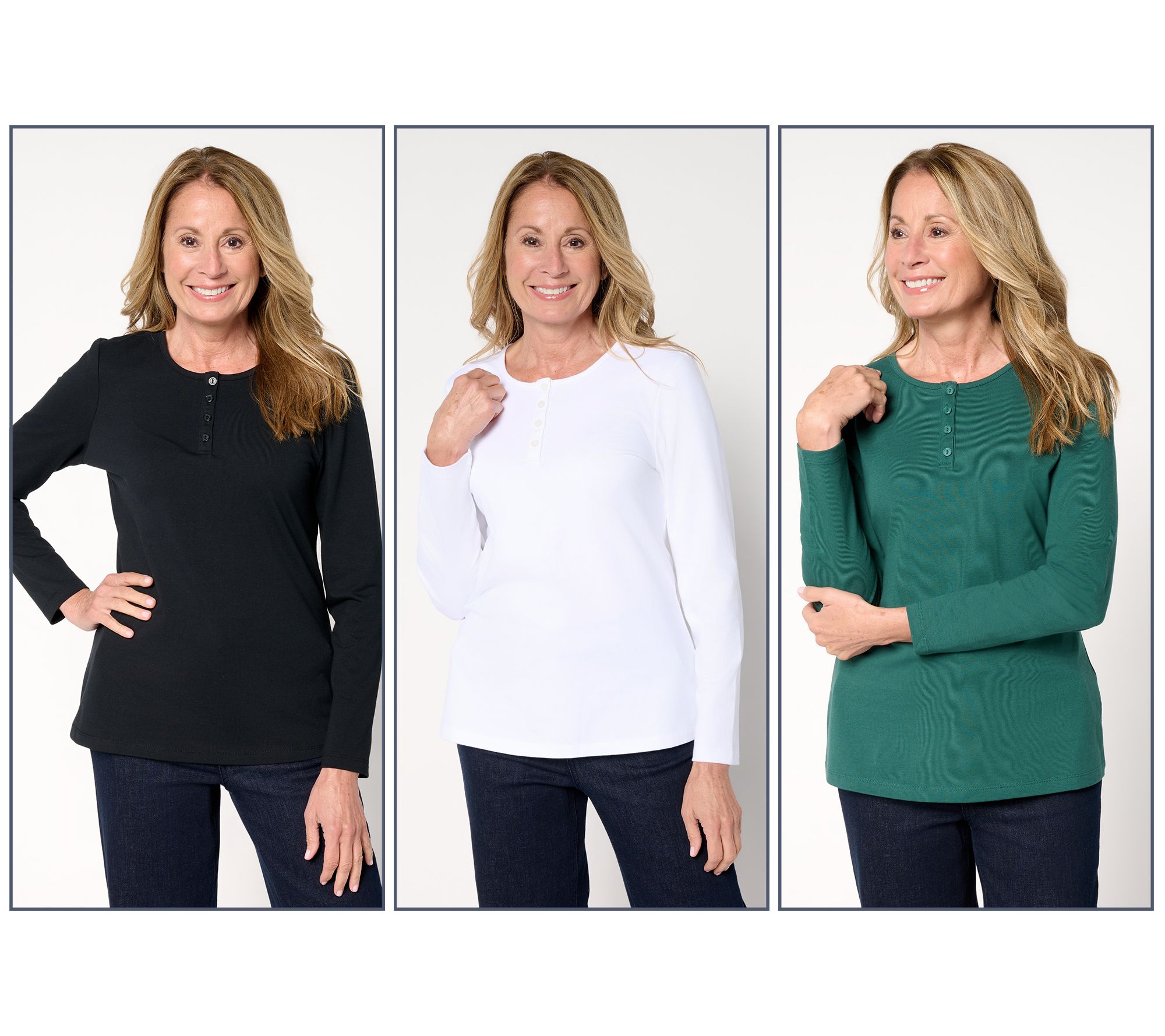 Denim & Co. Essentials Perfect Jersey 3-Pack Long Sleeve Henleys