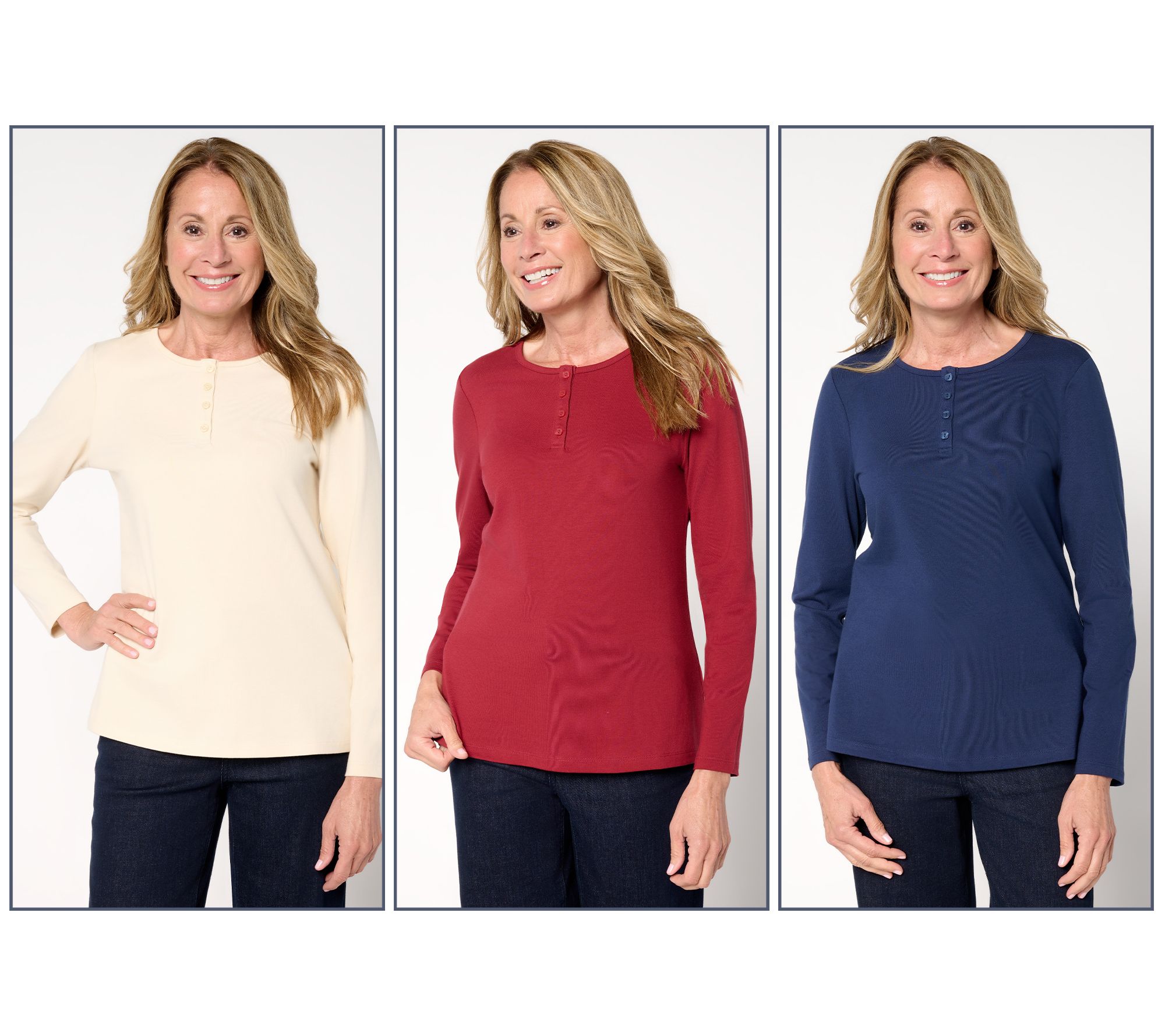 Denim & Co. Essentials Perfect Jersey 3-Pack Long Sleeve Henleys