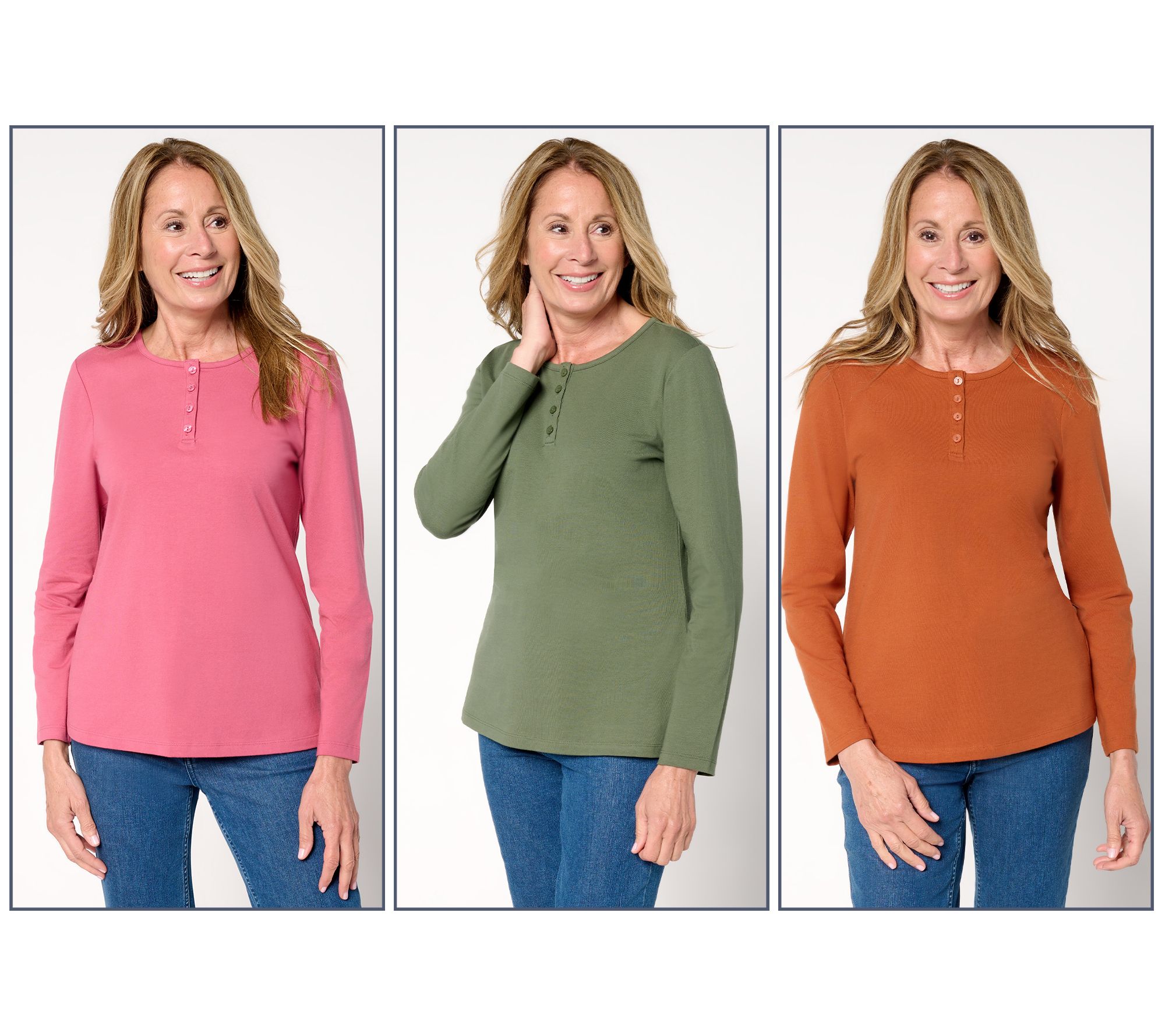 Denim & Co. Essentials Perfect Jersey 3-Pack Long Sleeve Henleys