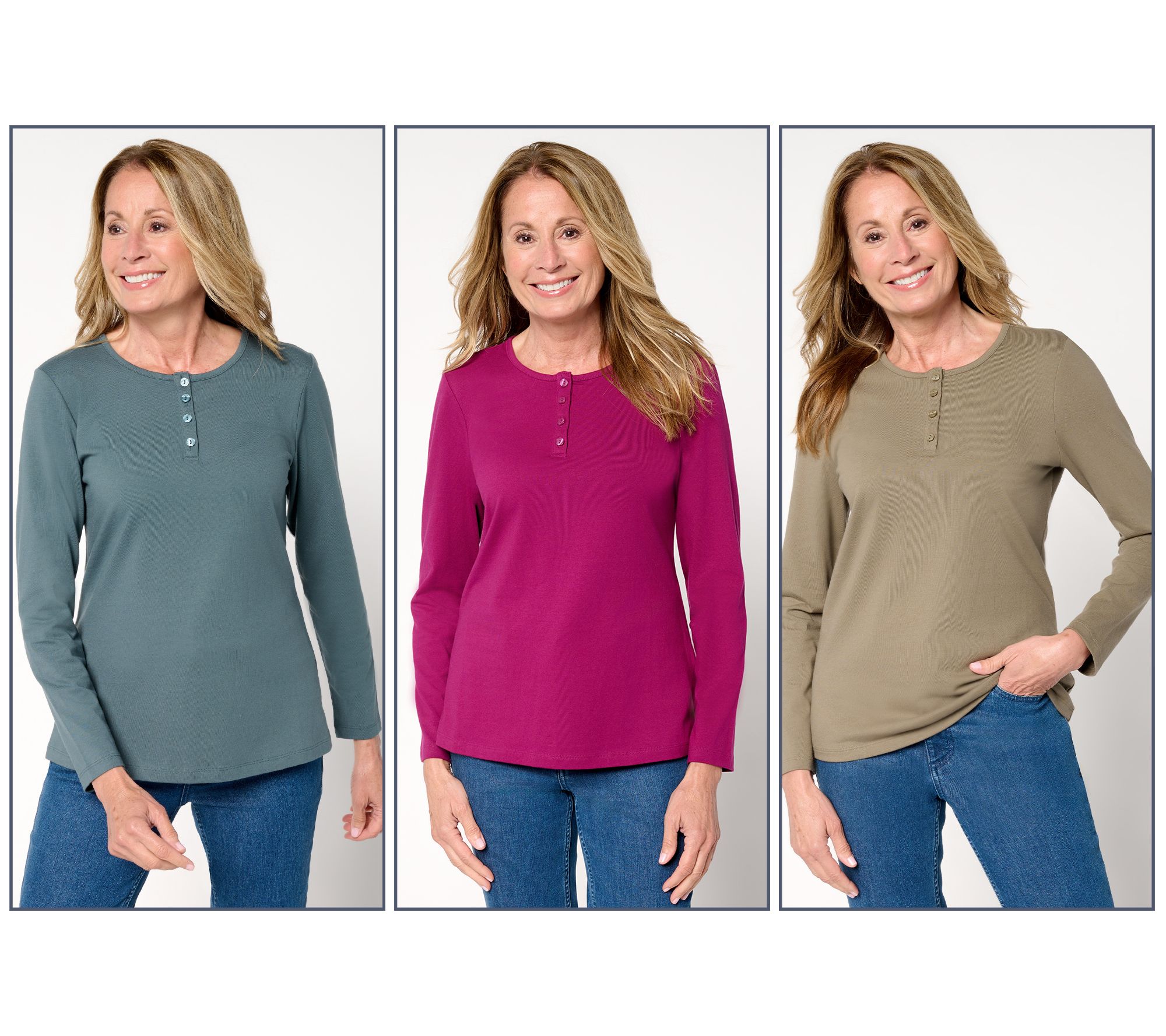 Denim & Co. Essentials Perfect Jersey 3-Pack Long Sleeve Henleys