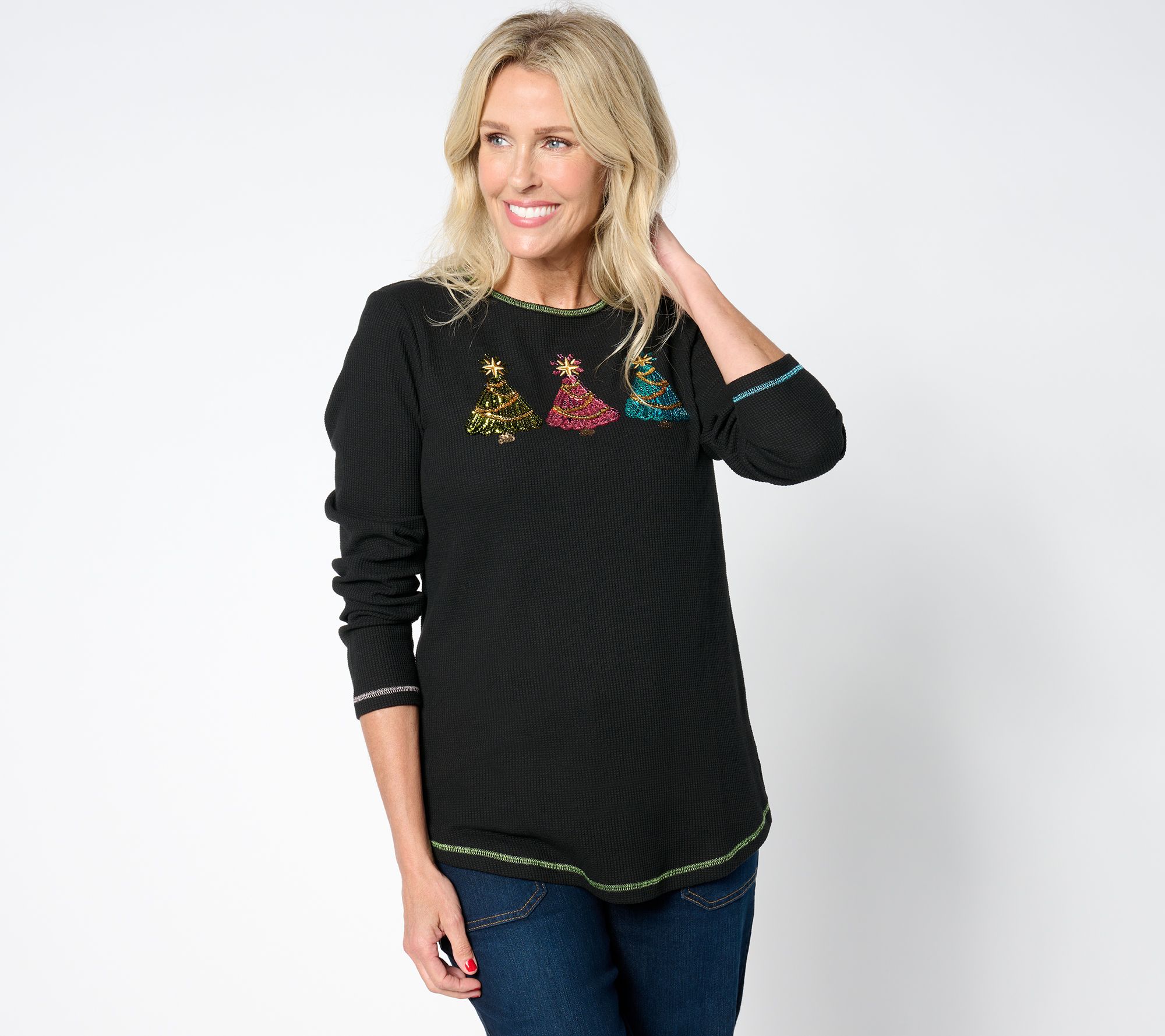 "As Is" Quacker Factory Glitter Holiday Embellished Long Sleeve Top