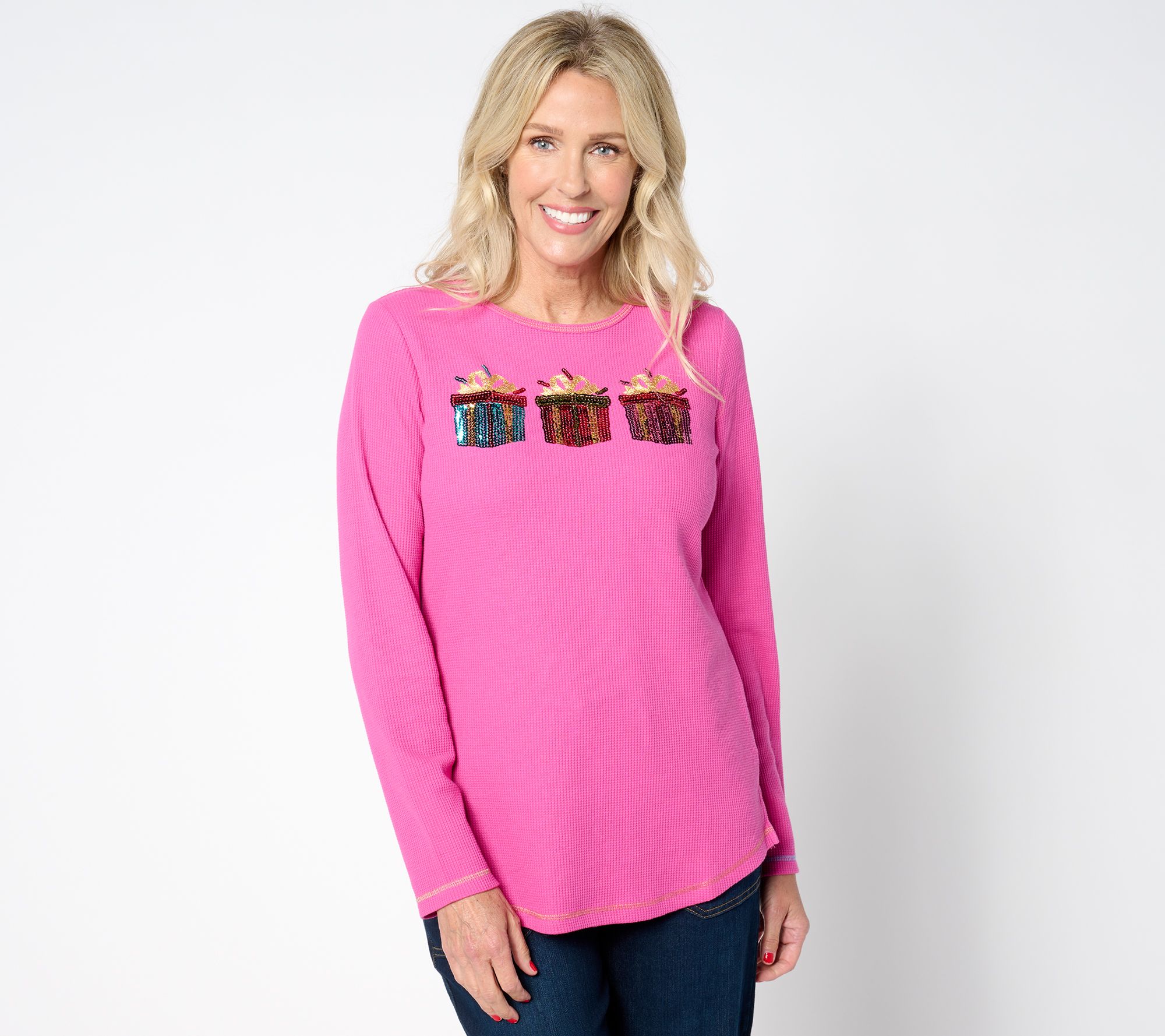 "As Is" Quacker Factory Glitter Holiday Embellished Long Sleeve Top