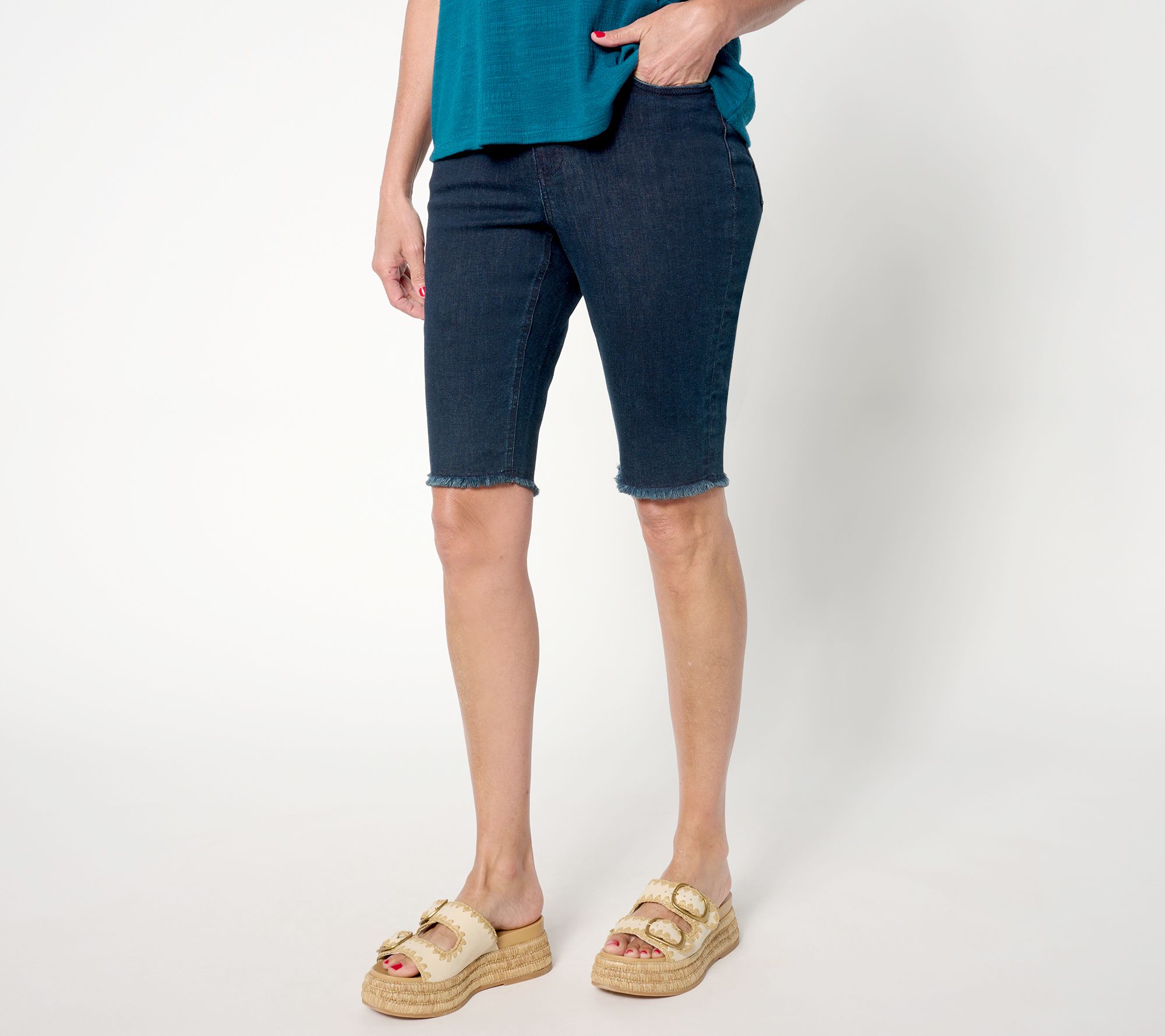 "As Is" Denim & Co. Regular Indigo Easy Stretch Frayed Bermuda Short