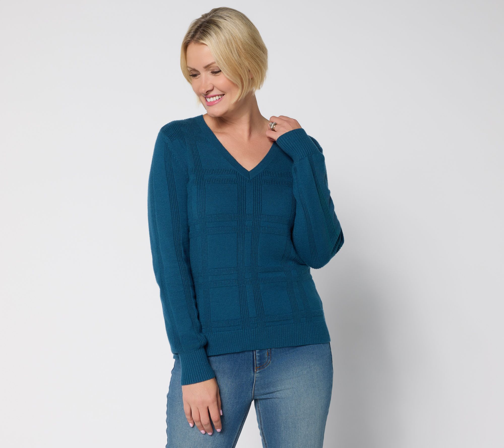 Isaac Mizrahi Live! Plaid Rib V-Neck Pullover Sweater