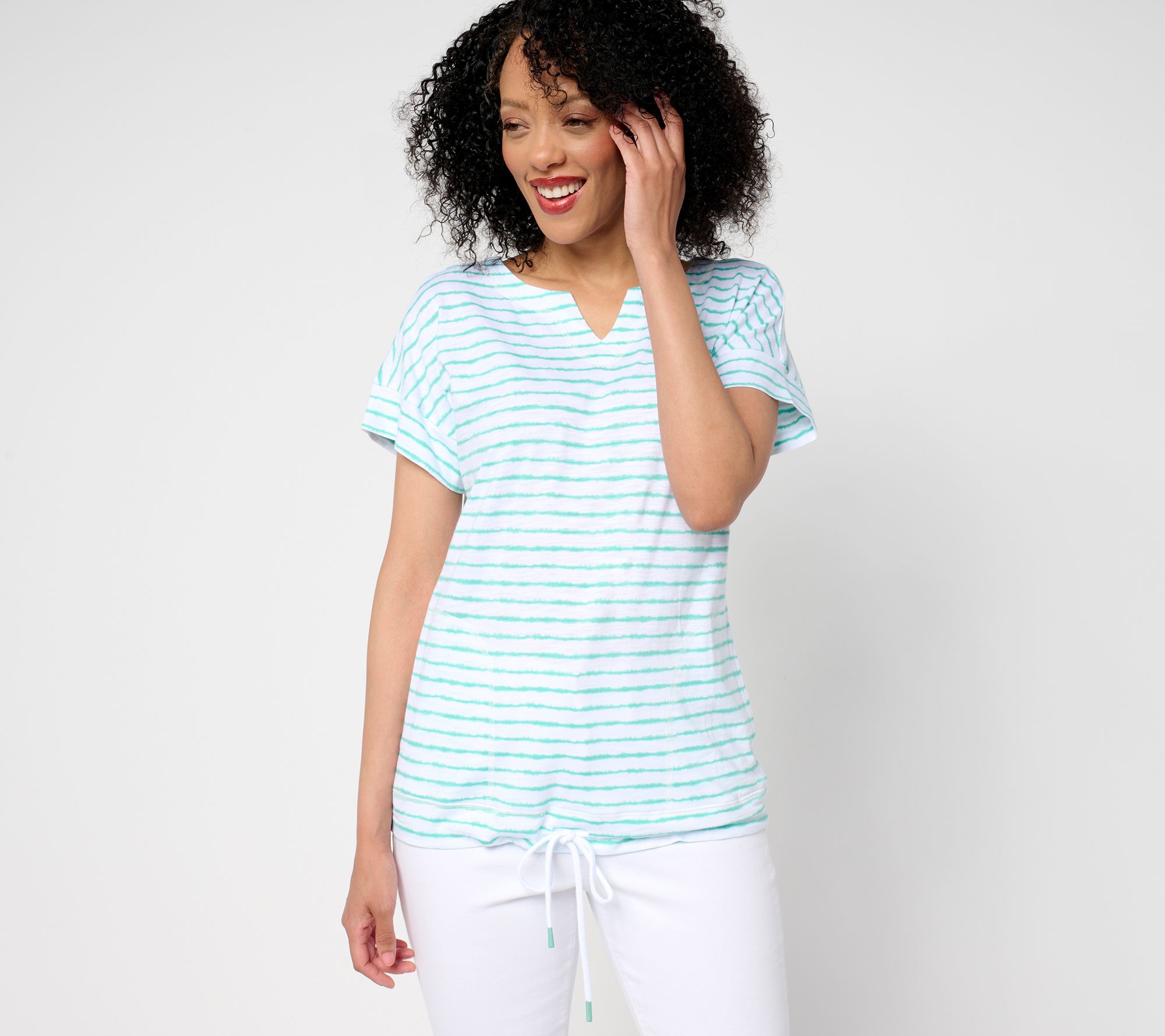 Belle by Kim Gravel Cape Cod Stripe Slub Knit Drawstring Top