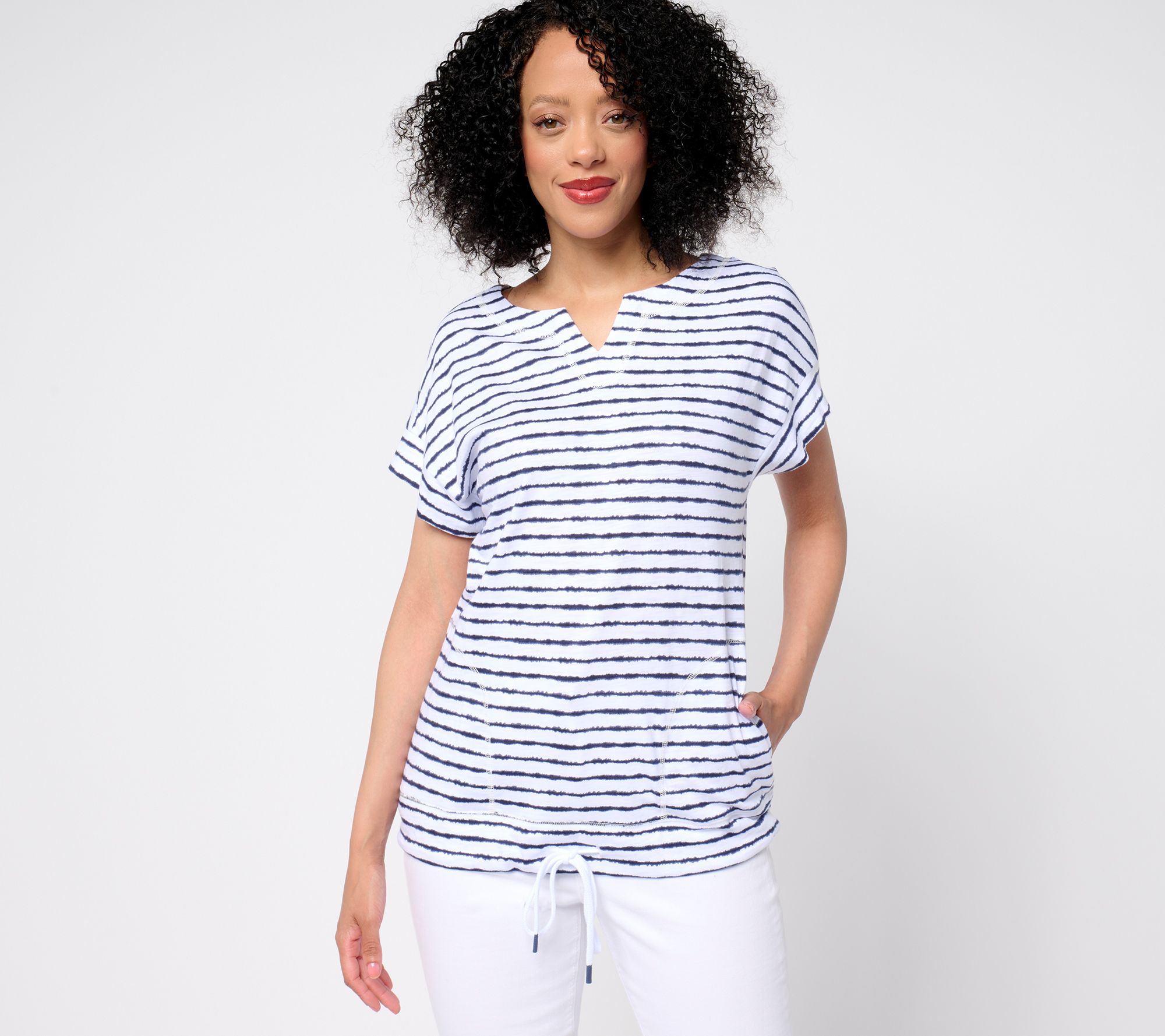 Belle by Kim Gravel Cape Cod Stripe Slub Knit Drawstring Top