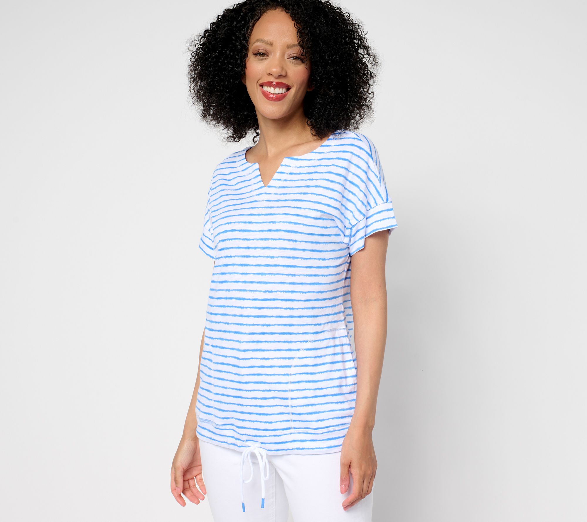 Belle by Kim Gravel Cape Cod Stripe Slub Knit Drawstring Top