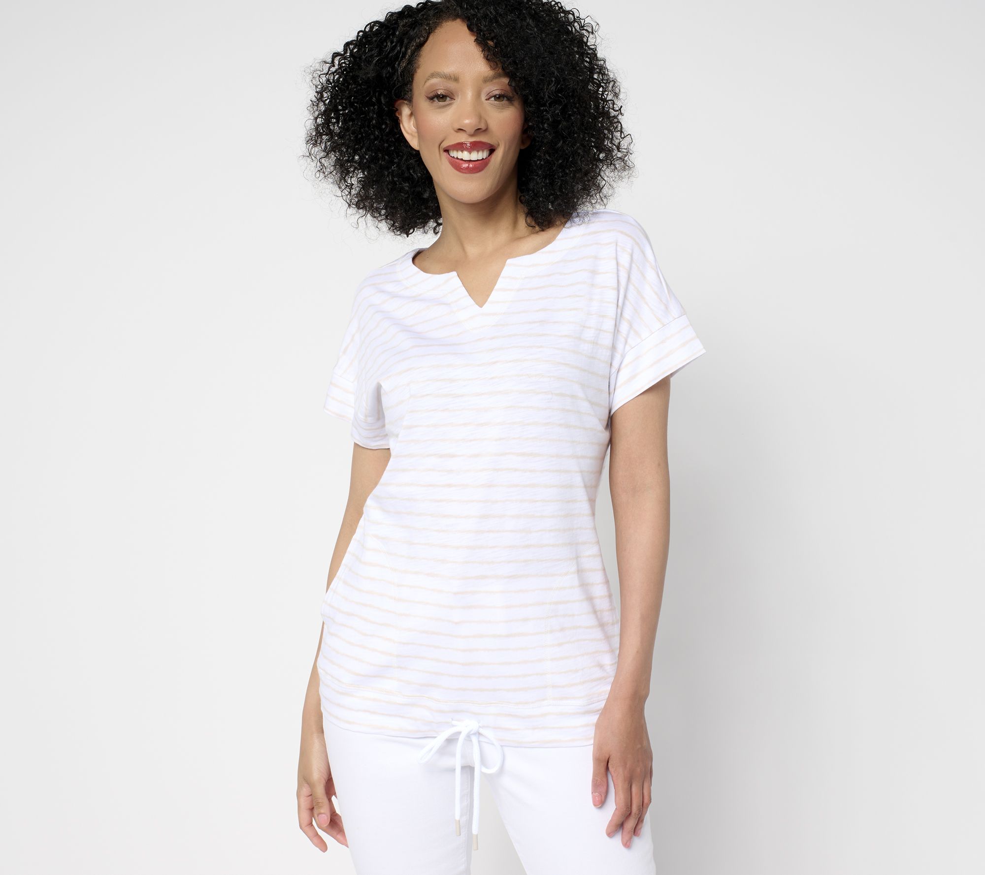 Belle by Kim Gravel Cape Cod Stripe Slub Knit Drawstring Top